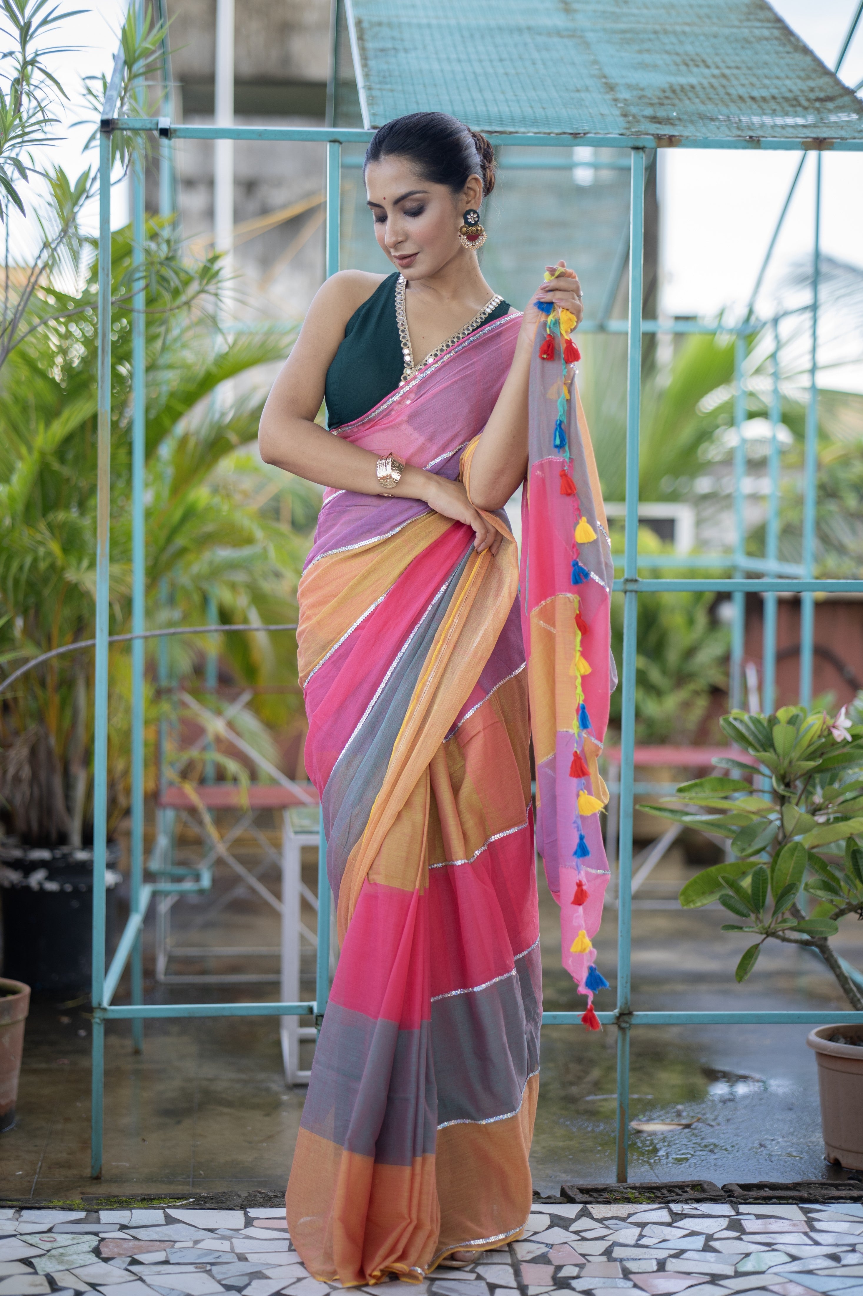 Blush pink Mul Mul Cotton Saree with Multi Rainbow Sequence Work