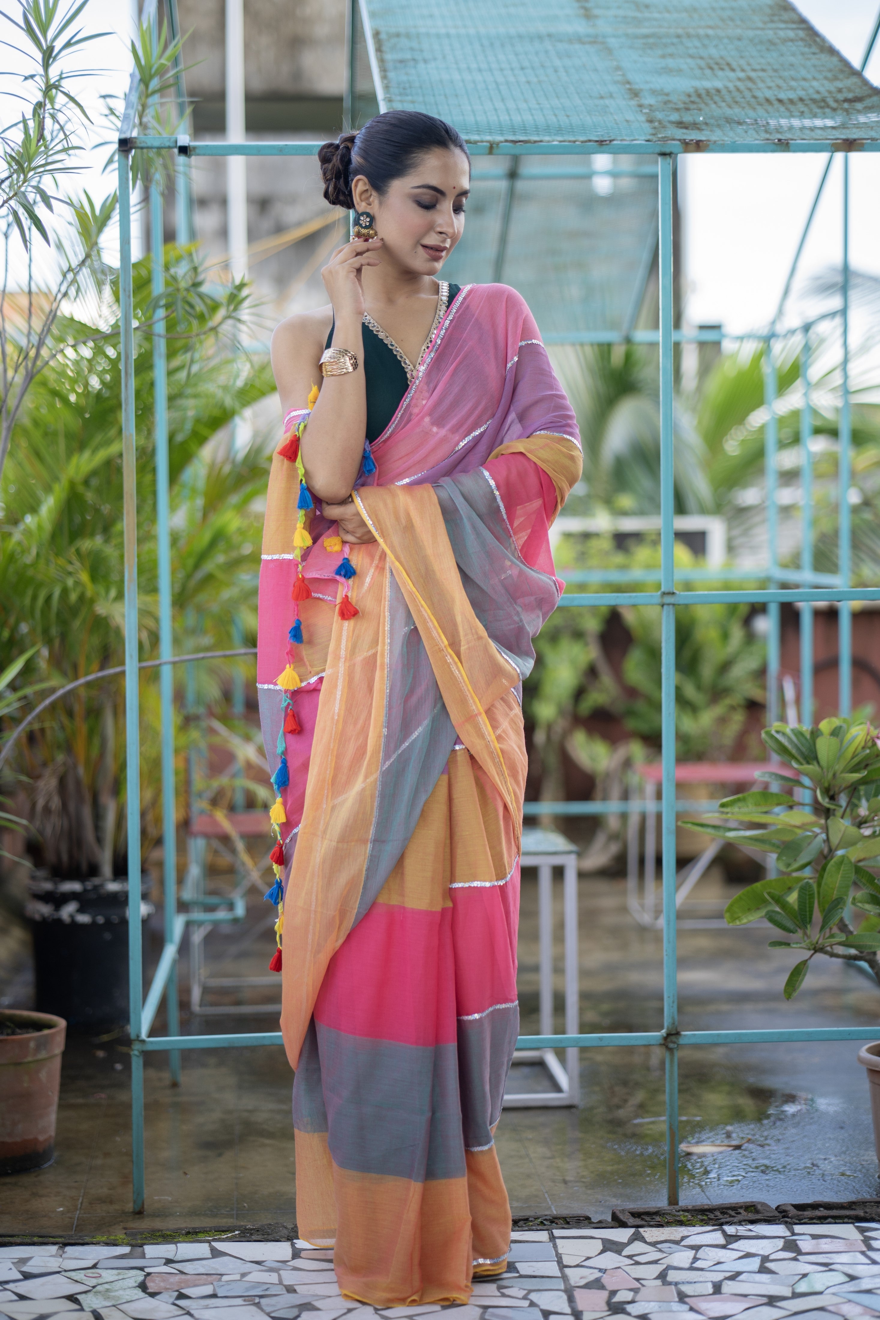 Blush pink Mul Mul Cotton Saree with Multi Rainbow Sequence Work
