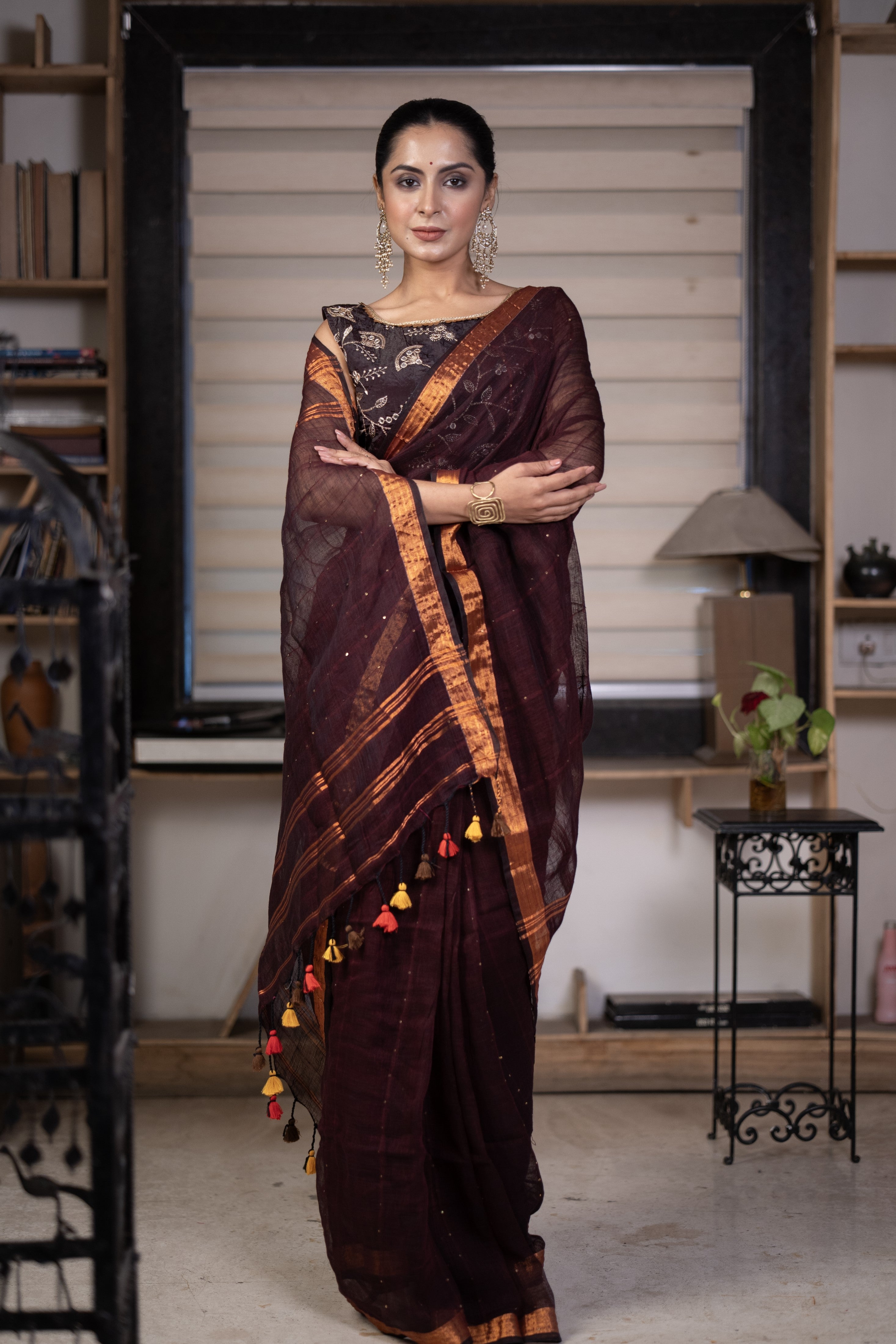 Brown Sequence Work Linen Saree