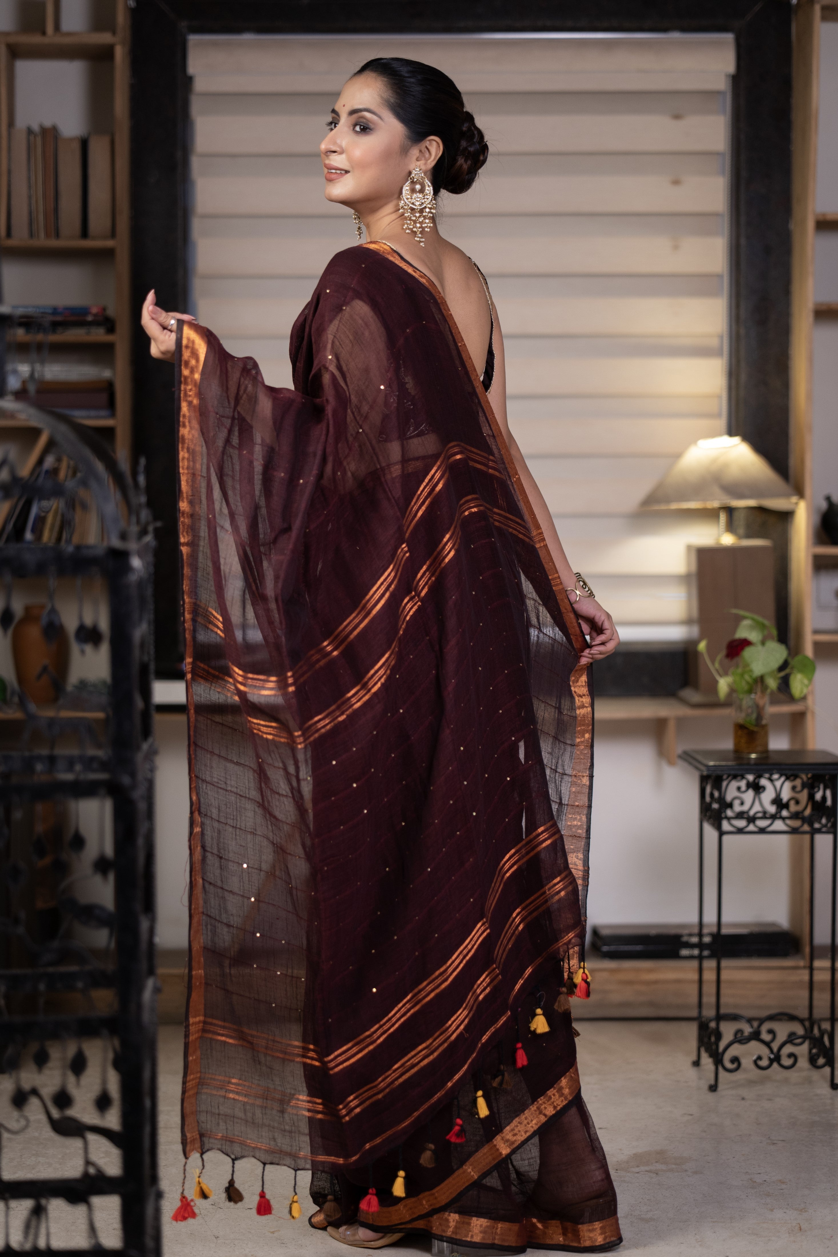 Brown Sequence Work Linen Saree