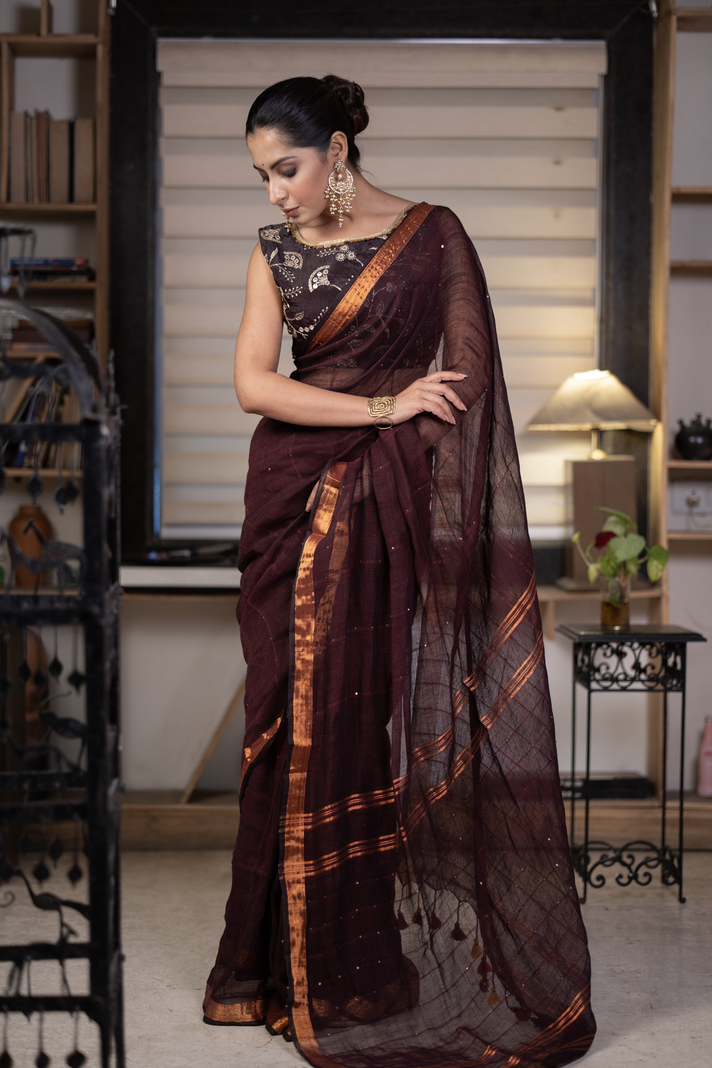 Brown Sequence Work Linen Saree