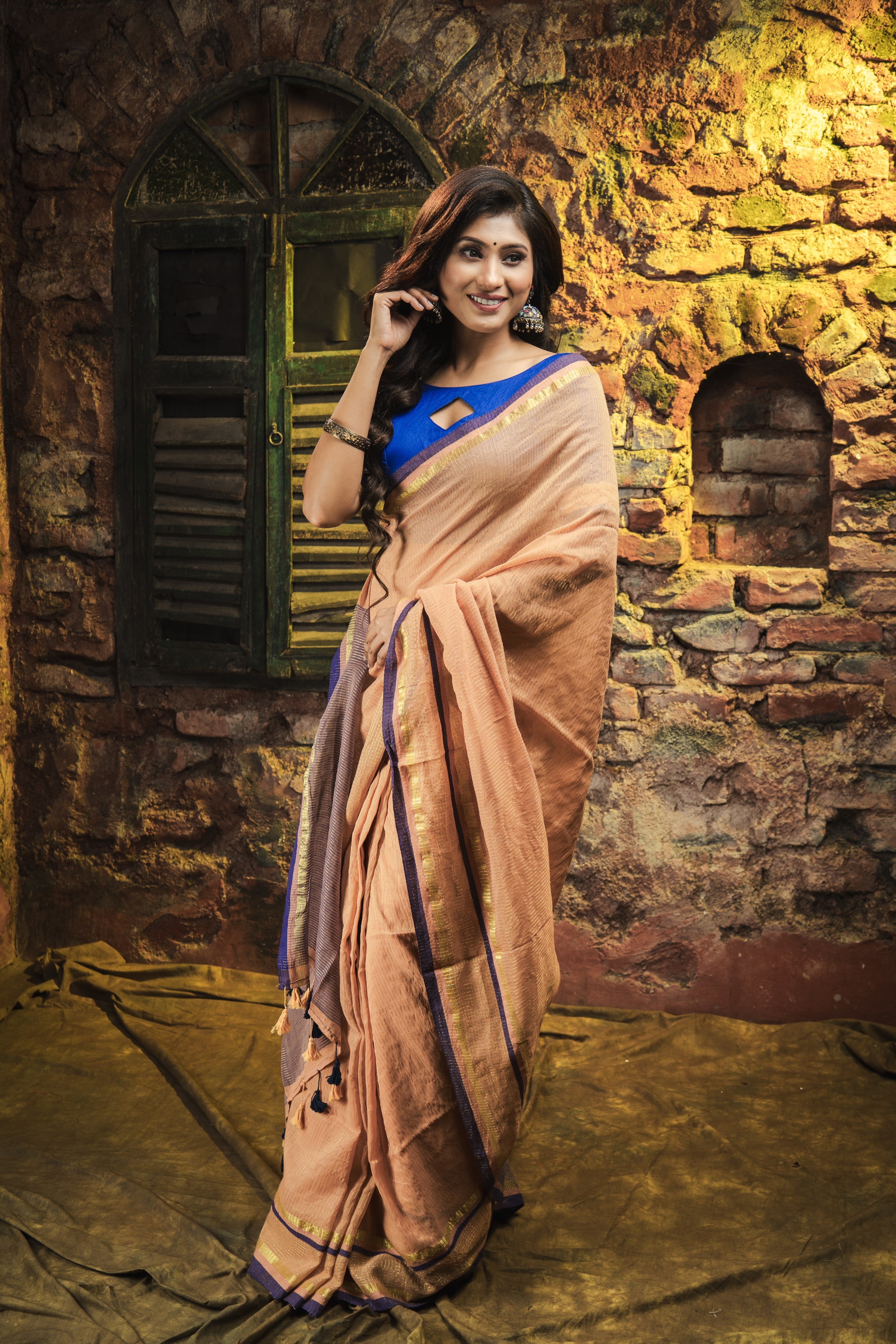 Golden Check Mulmul Cotton Saree- Camel Golden