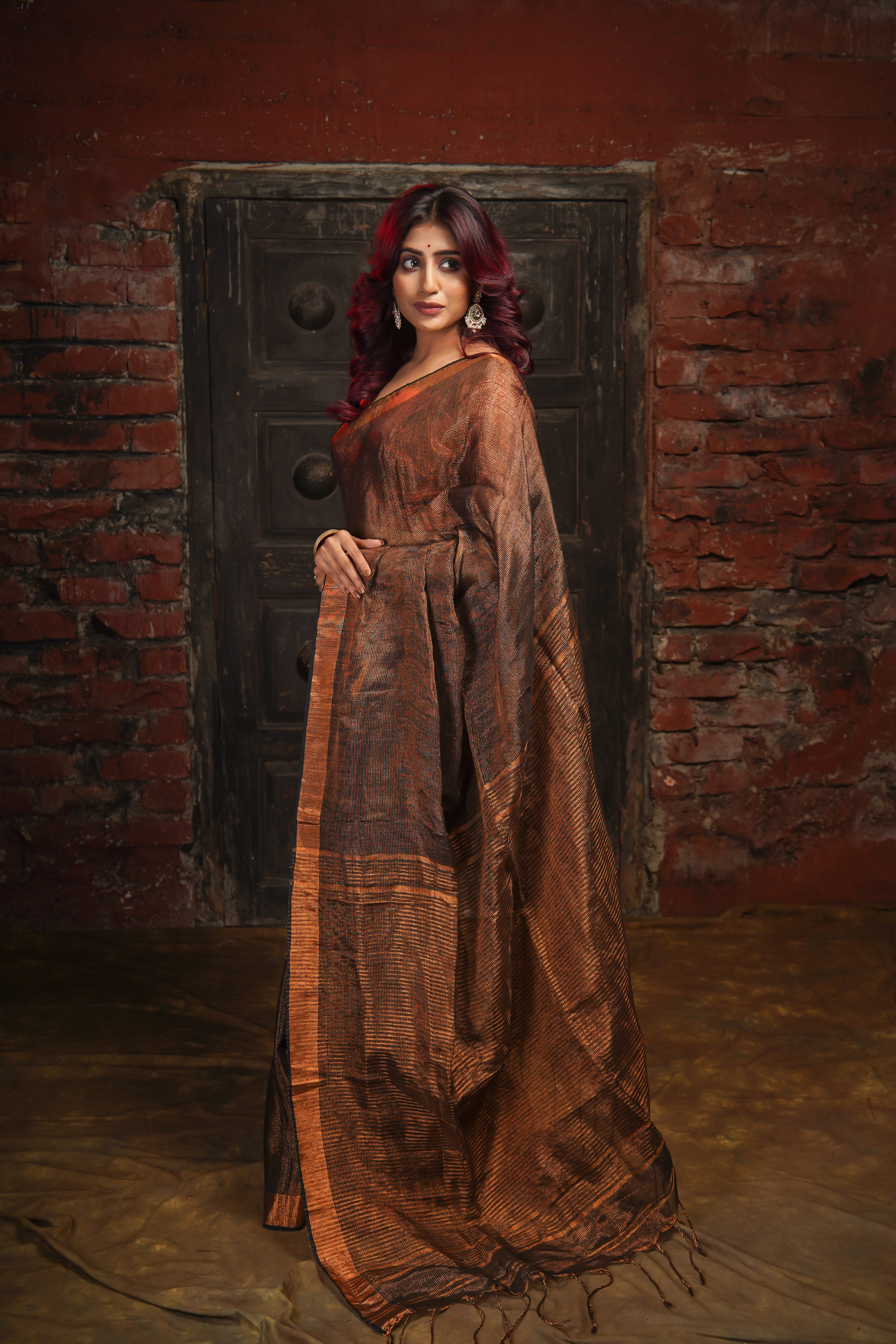 Coffe Dual Tone Tissue Linen Saree