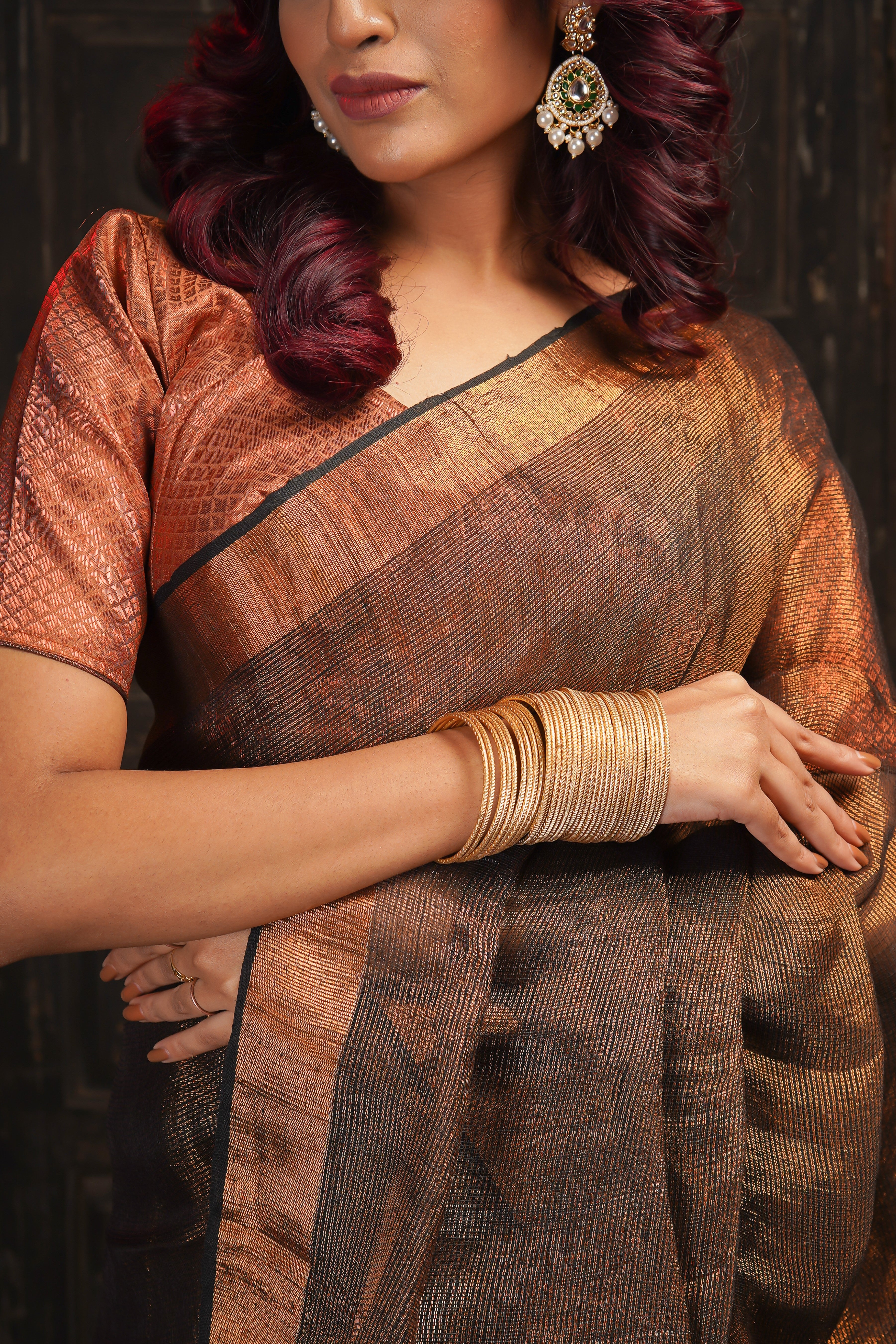 Coffe Dual Tone Tissue Linen Saree