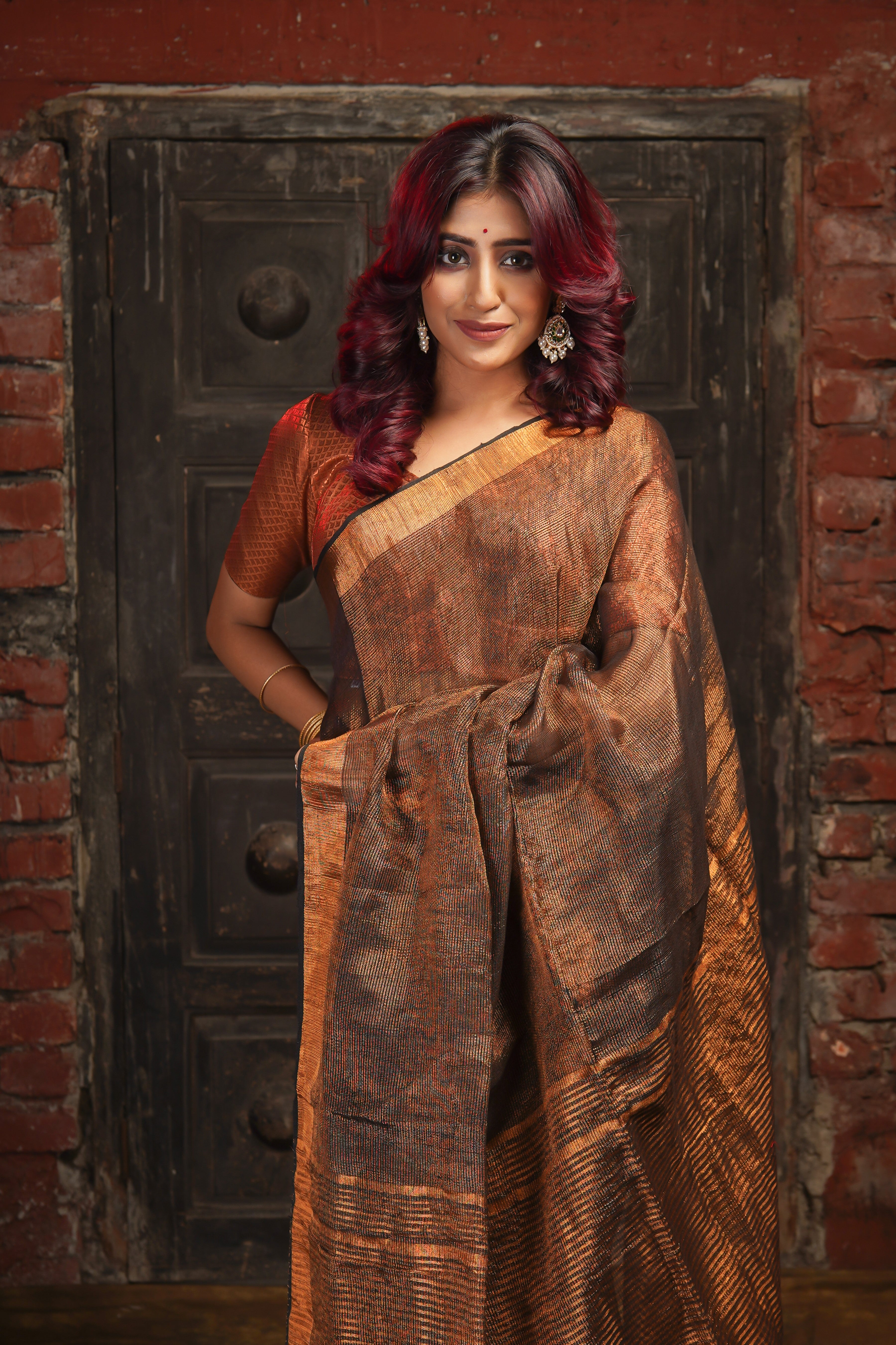 Coffe Dual Tone Tissue Linen Saree