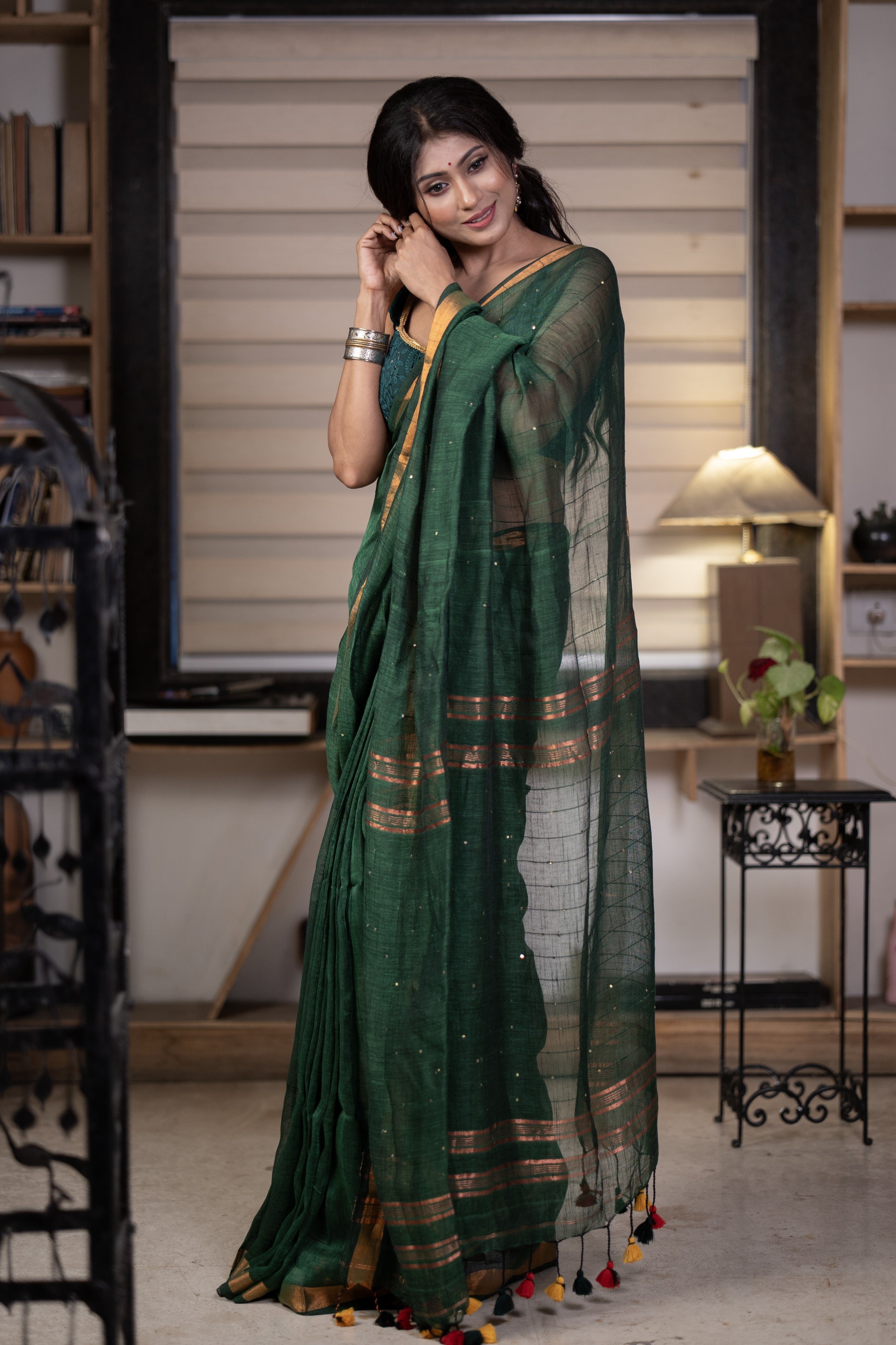 Dark green Sequence Work Linen Saree