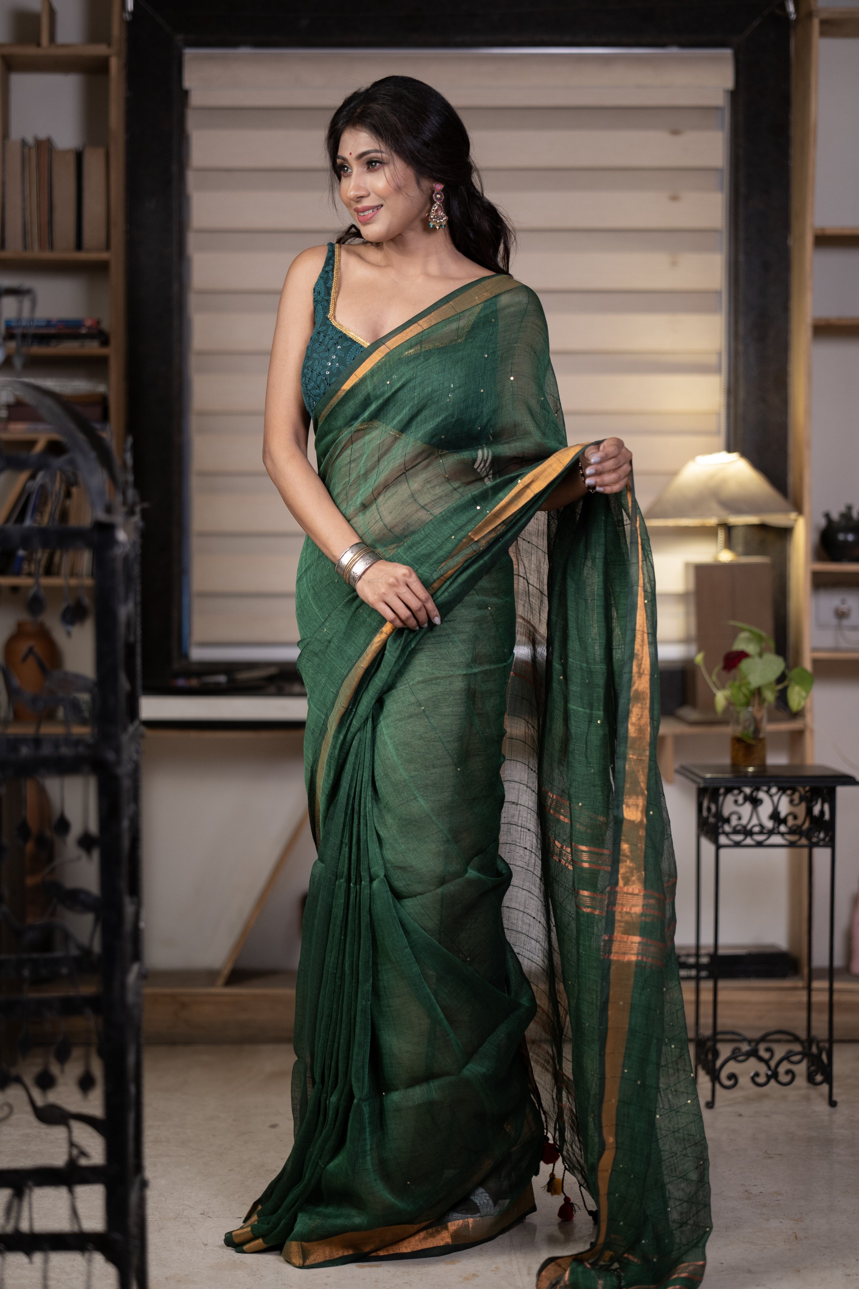Dark green Sequence Work Linen Saree