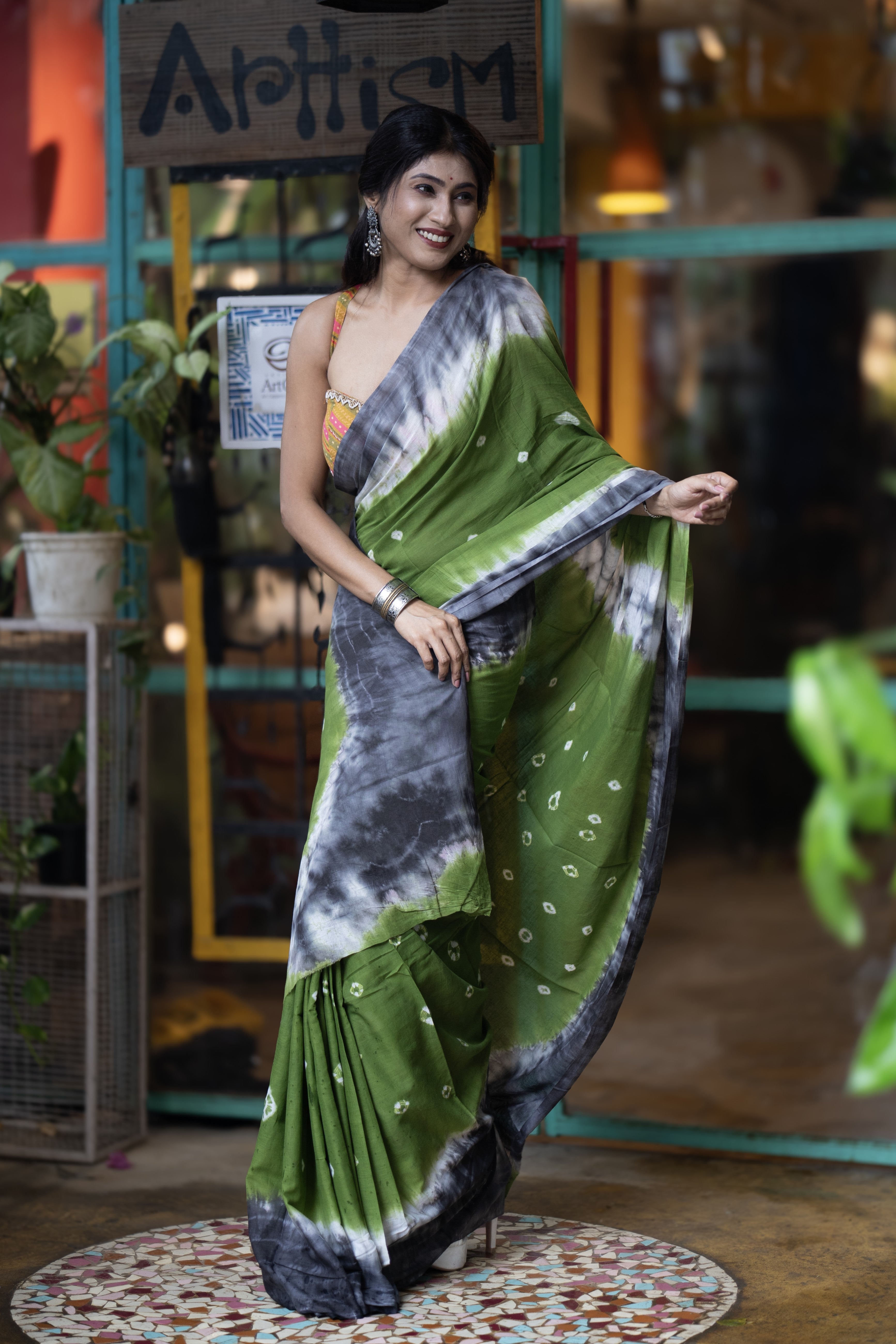 Bandhani Mulmul Cotton Saree- Green