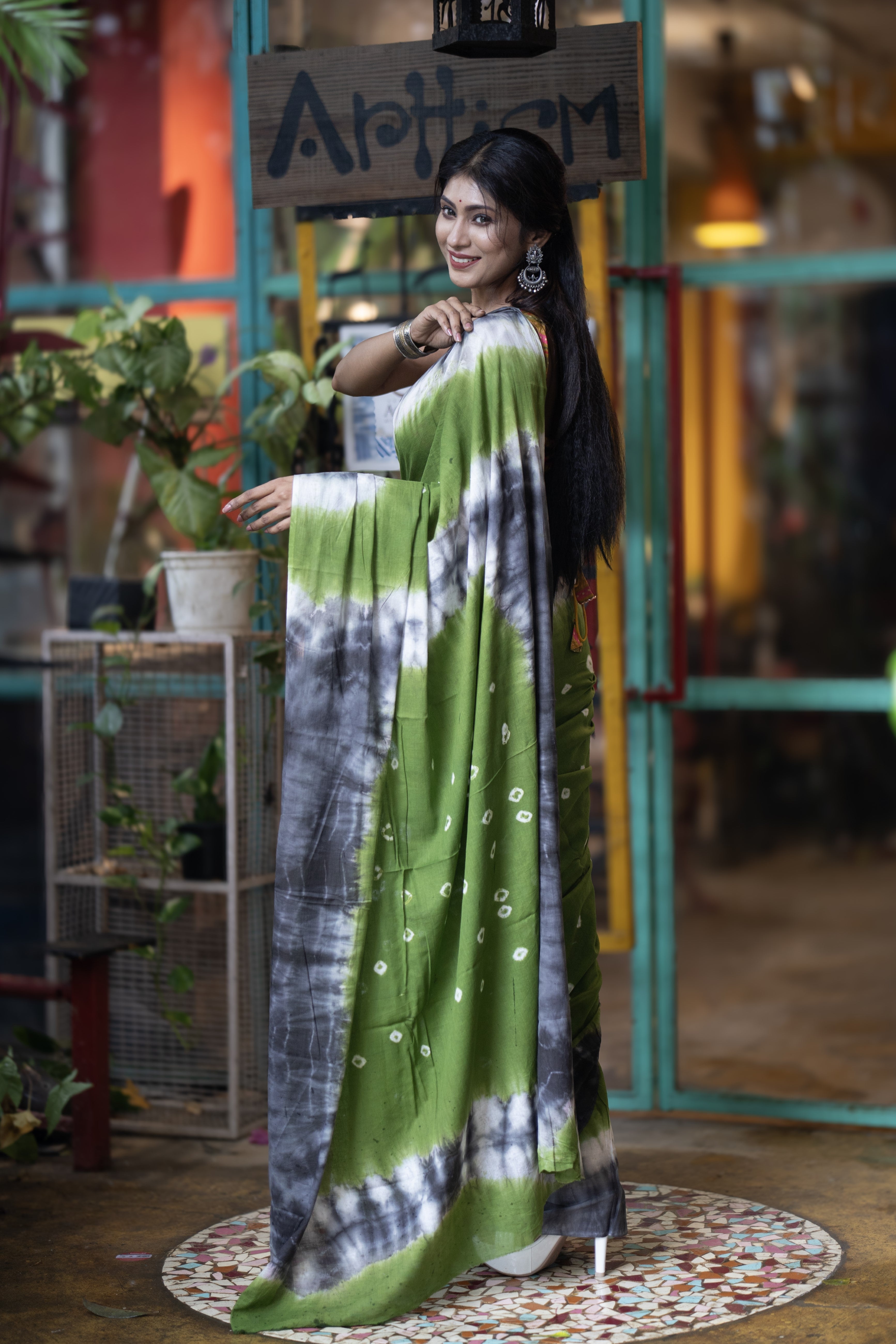 Bandhani Mulmul Cotton Saree- Green