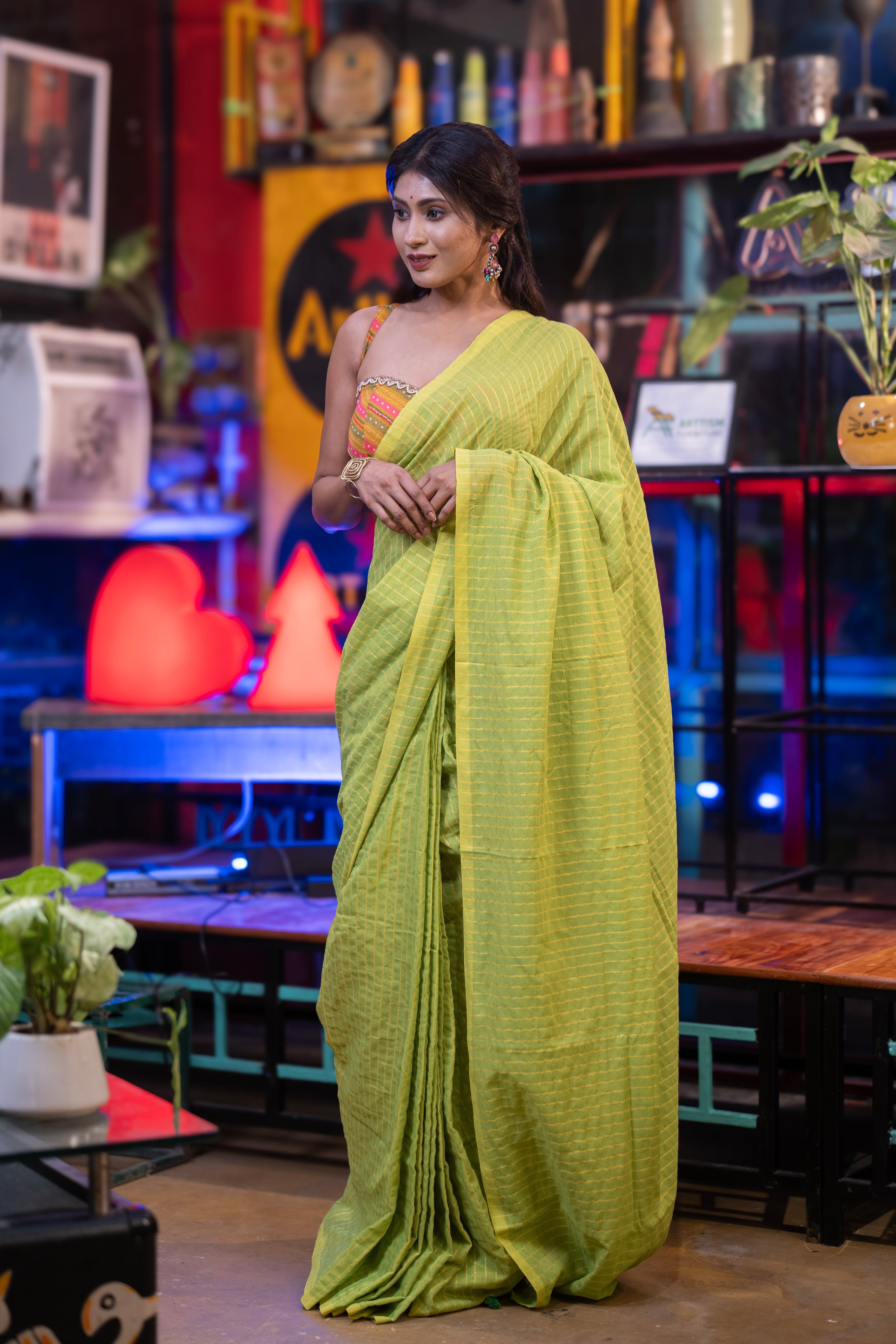 Khadi Cotton yellow Striped Saree - lime Green