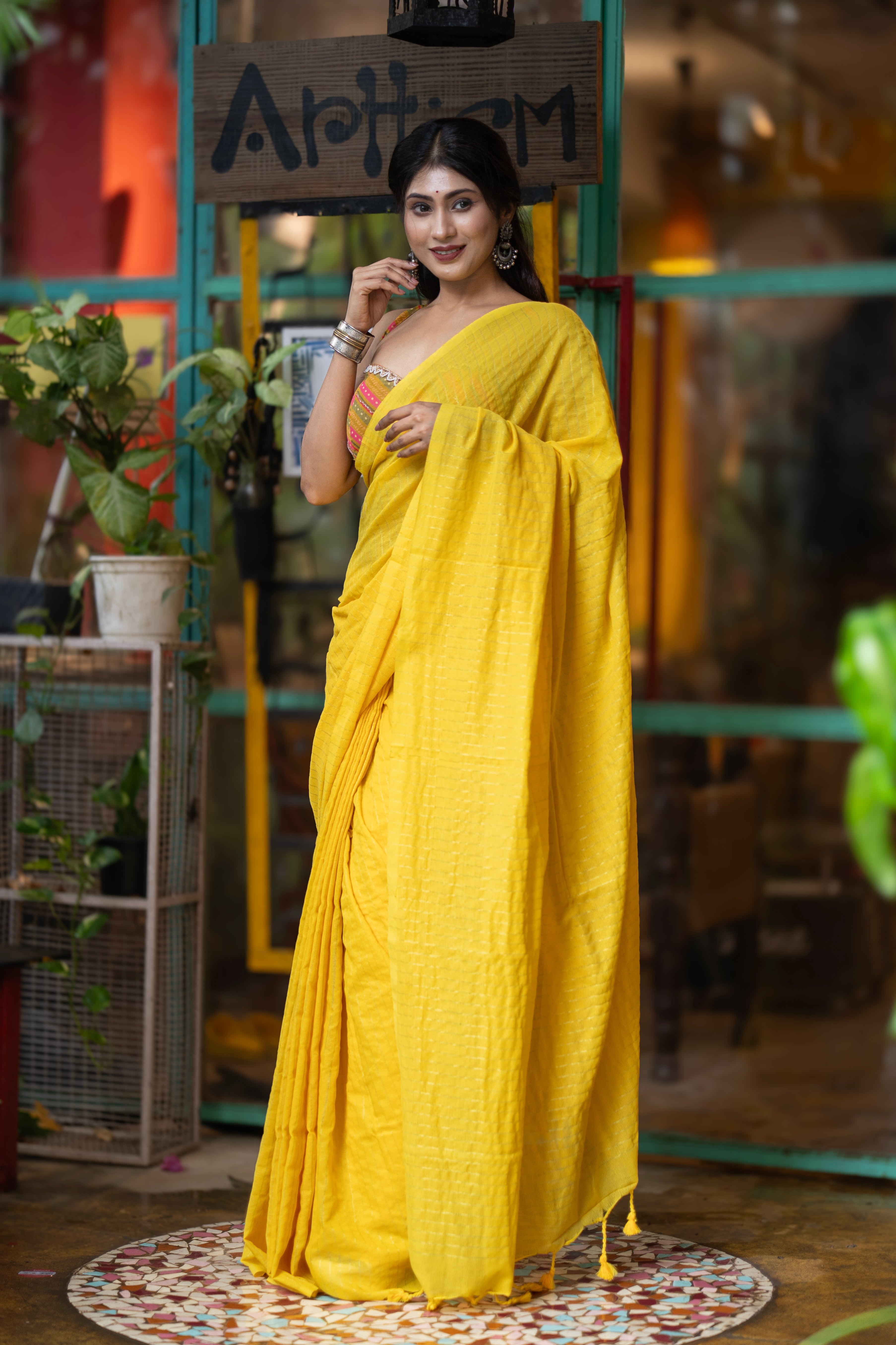 Khadi Cotton Golden Striped Saree - yellow