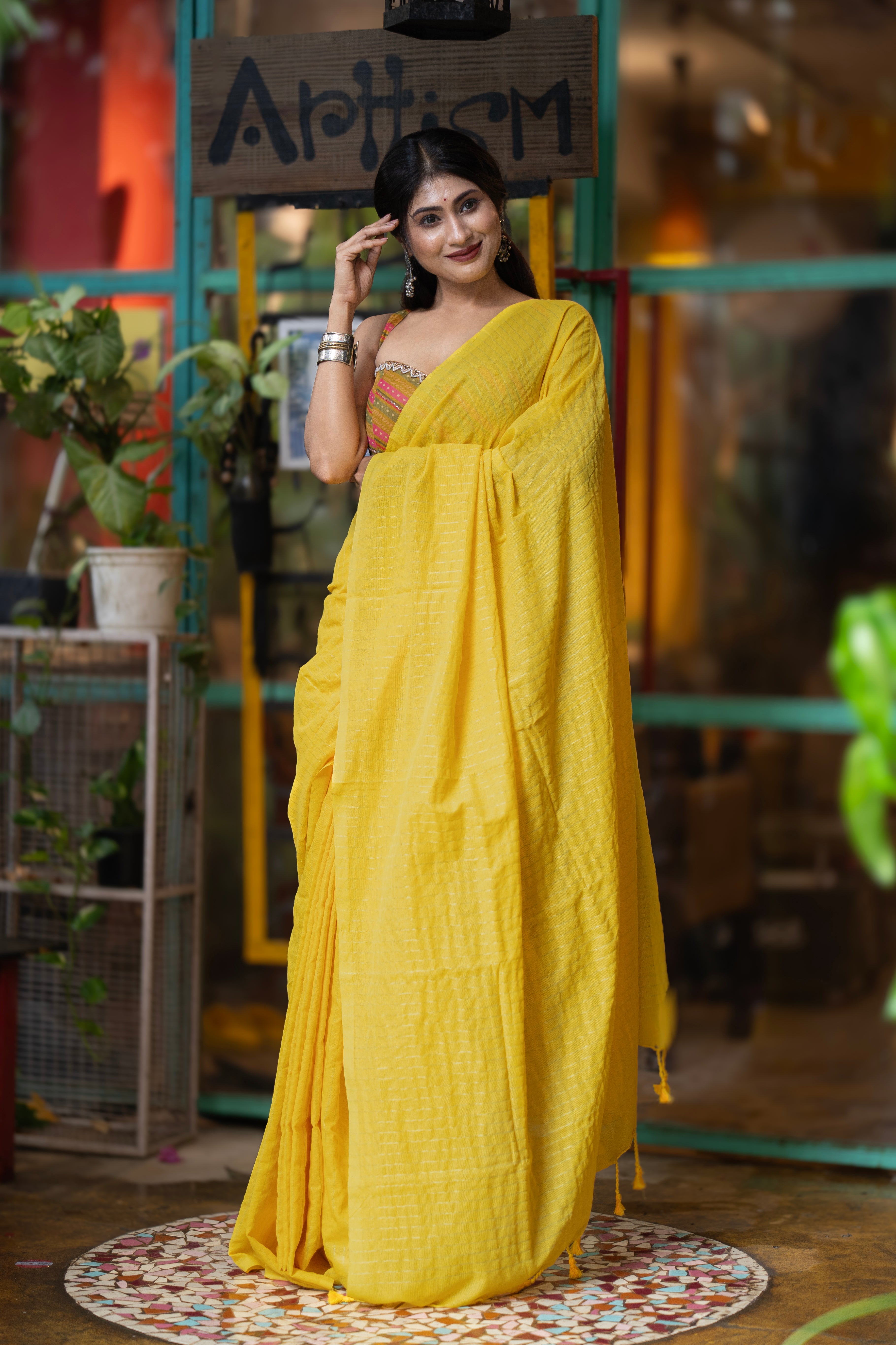 Khadi Cotton Golden Striped Saree - yellow