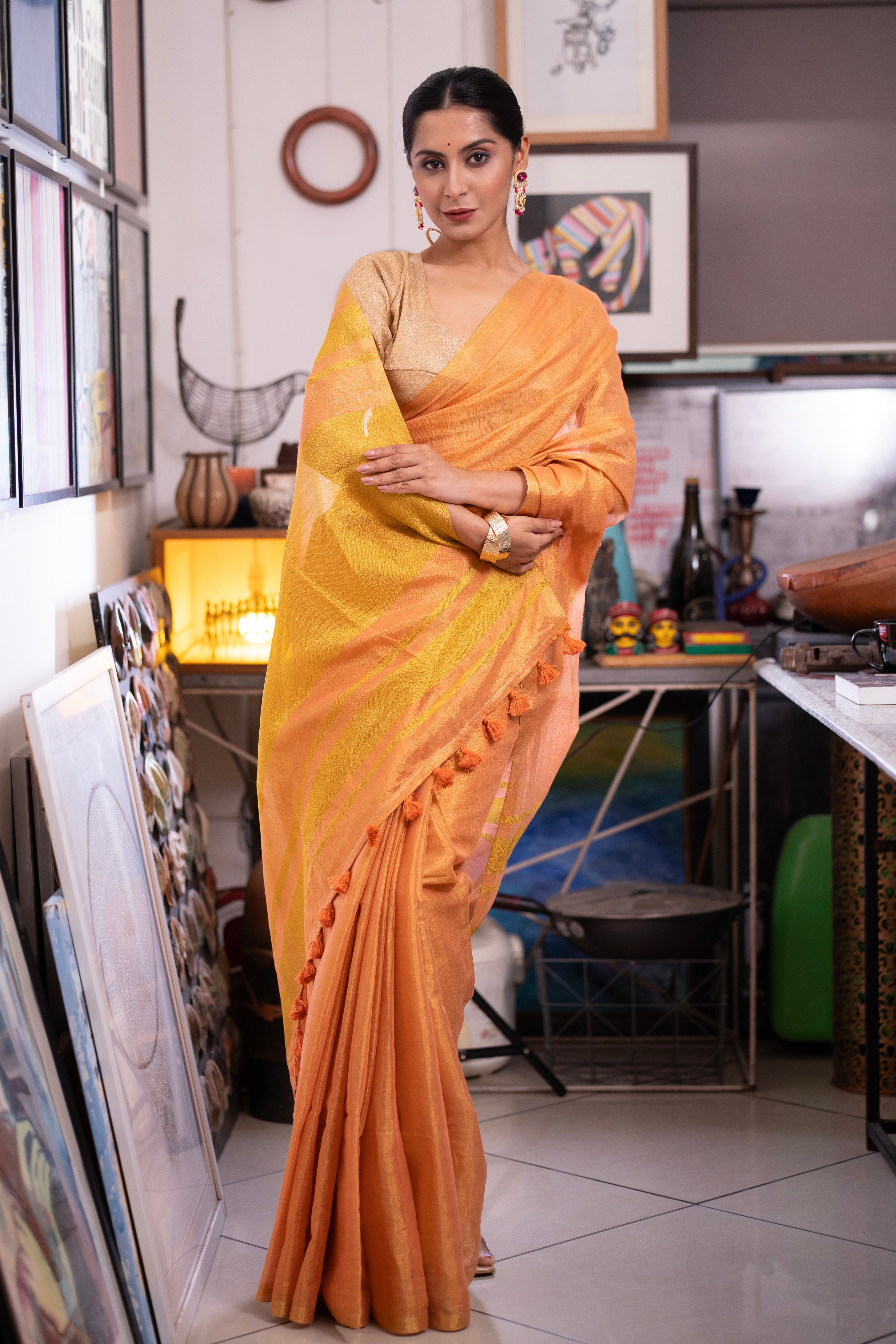 Rust Pink Dual Tone Pure Tissue Linen Saree