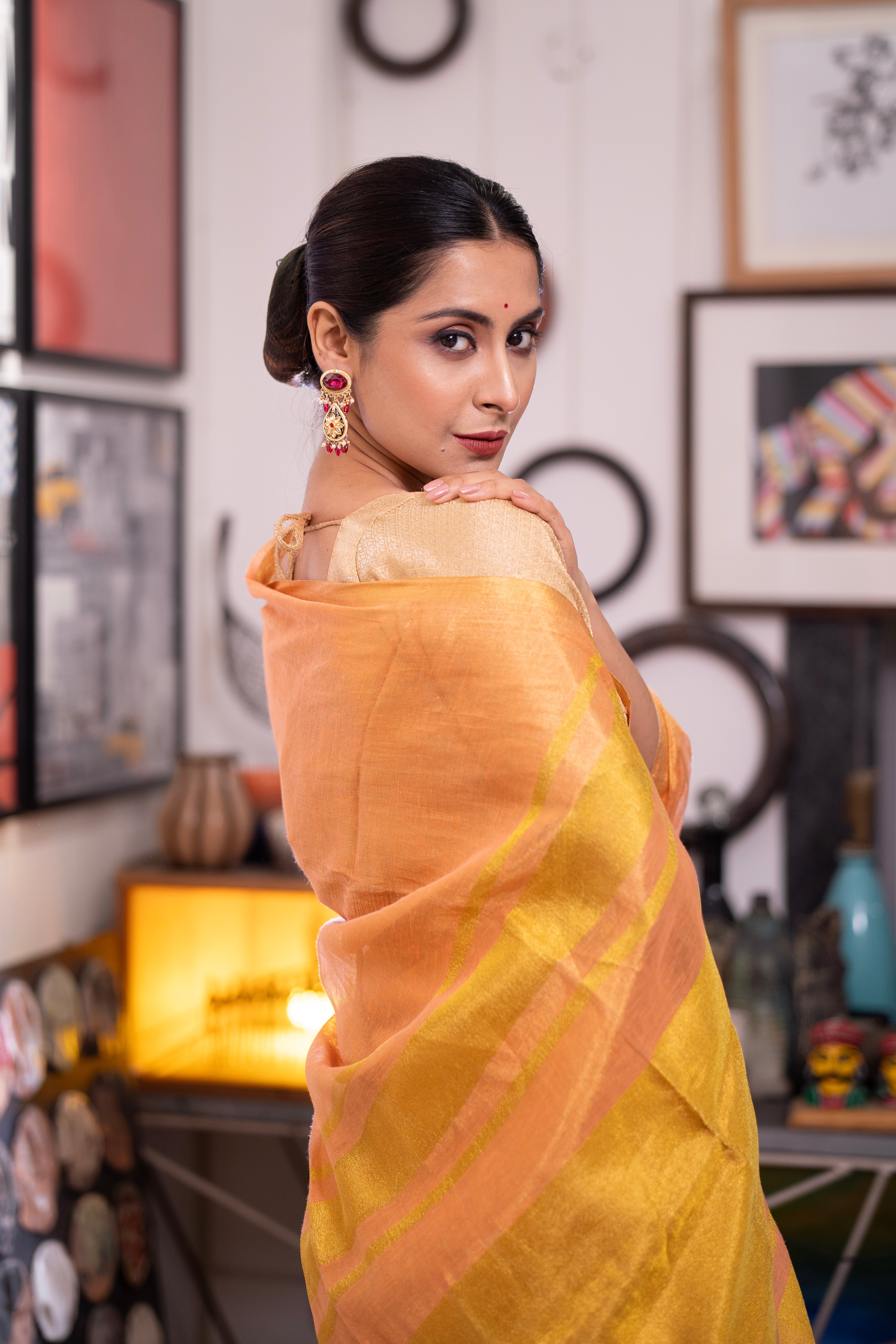 Rust Pink Dual Tone Pure Tissue Linen Saree