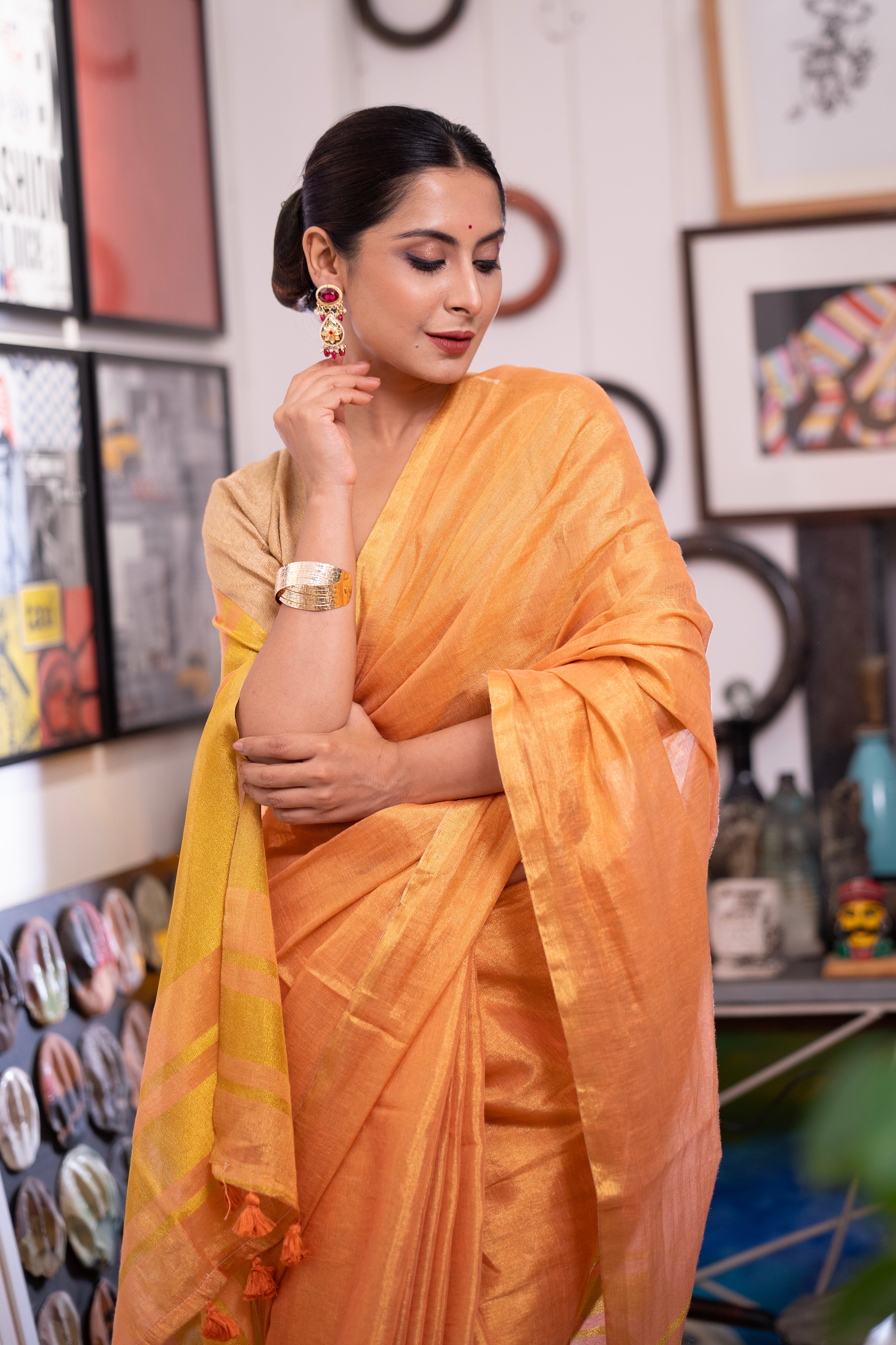 Rust Pink Dual Tone Pure Tissue Linen Saree