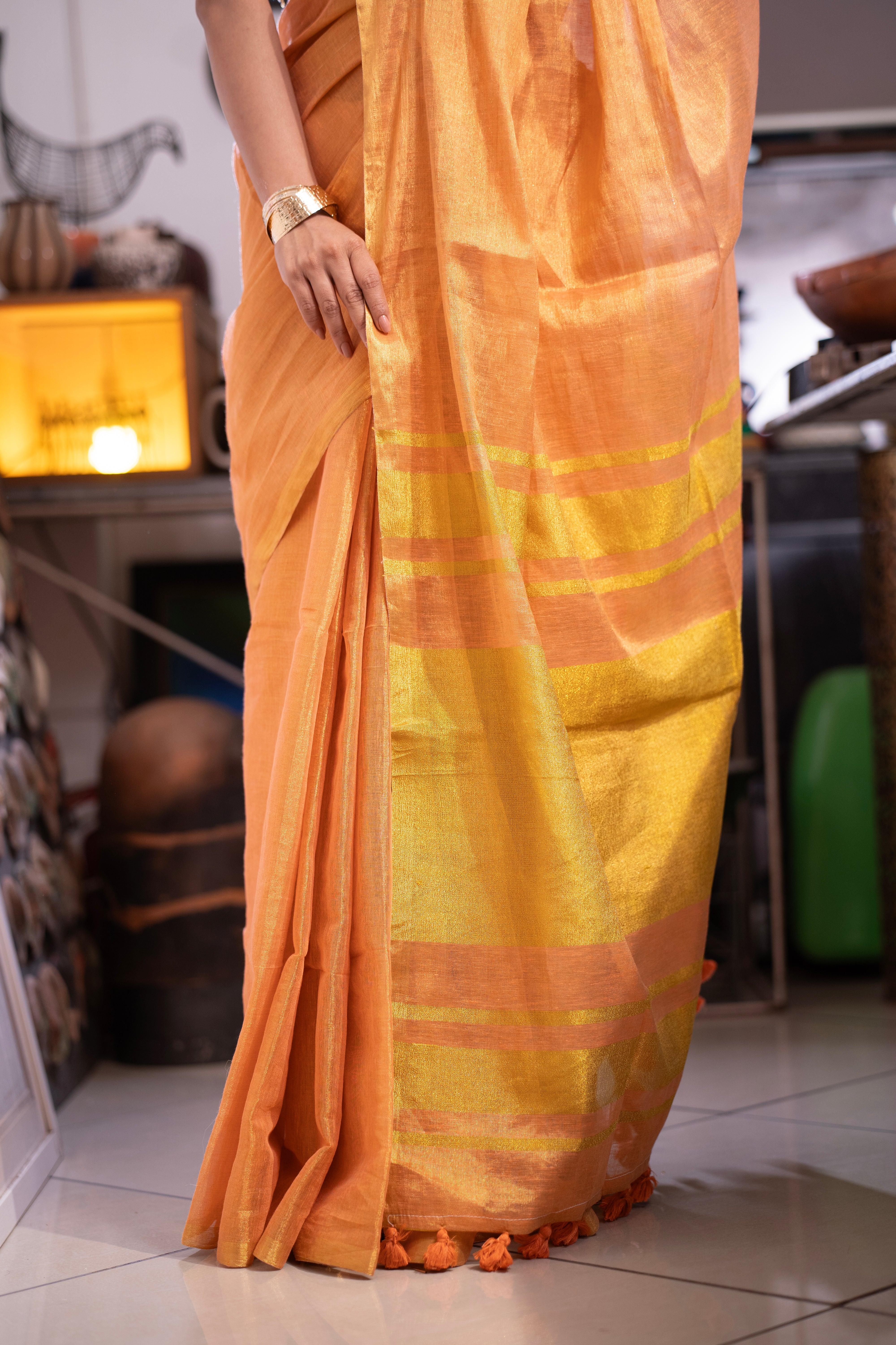 Rust Pink Dual Tone Pure Tissue Linen Saree