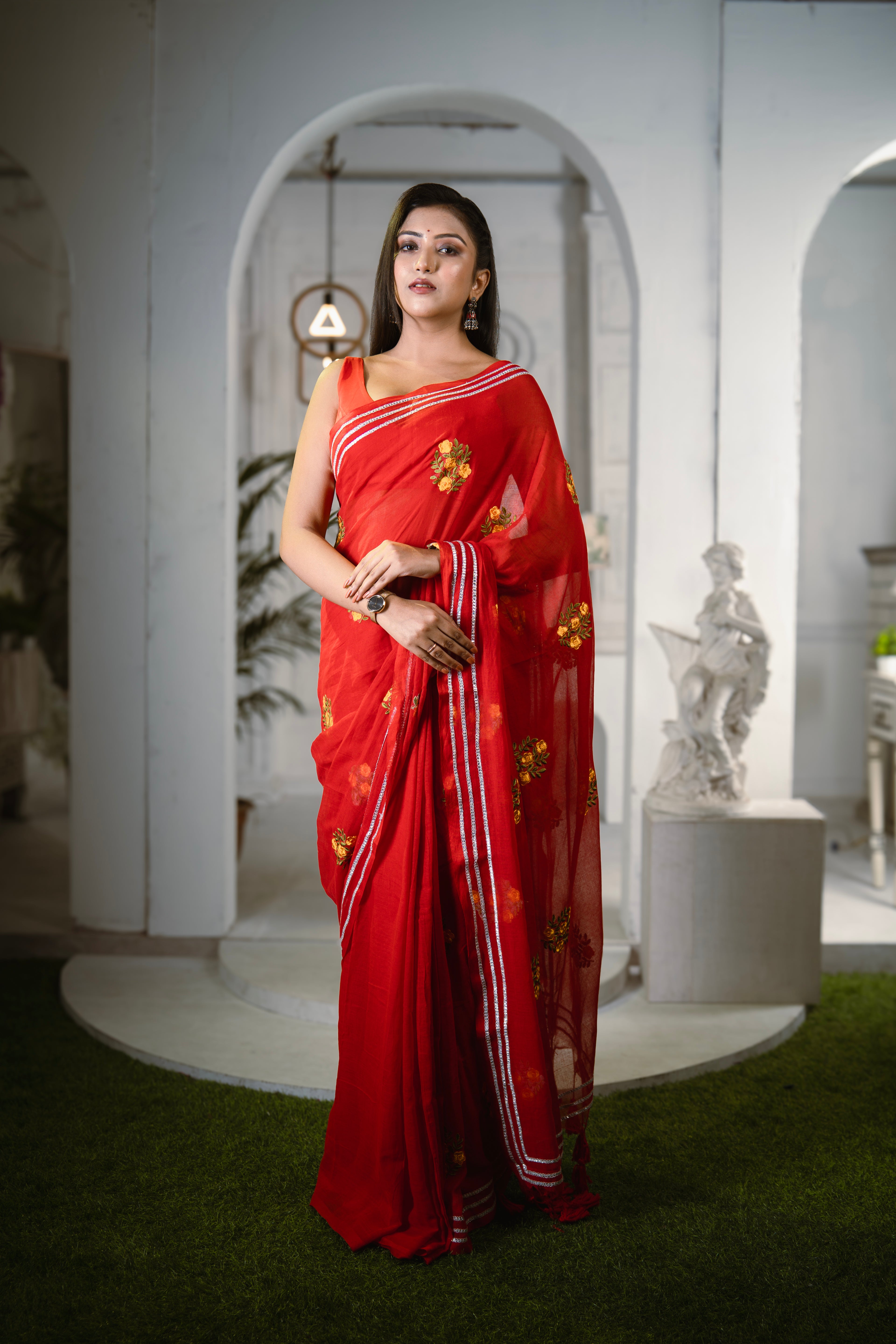 Red Mul Mul Cotton Saree With Embroidery Work
