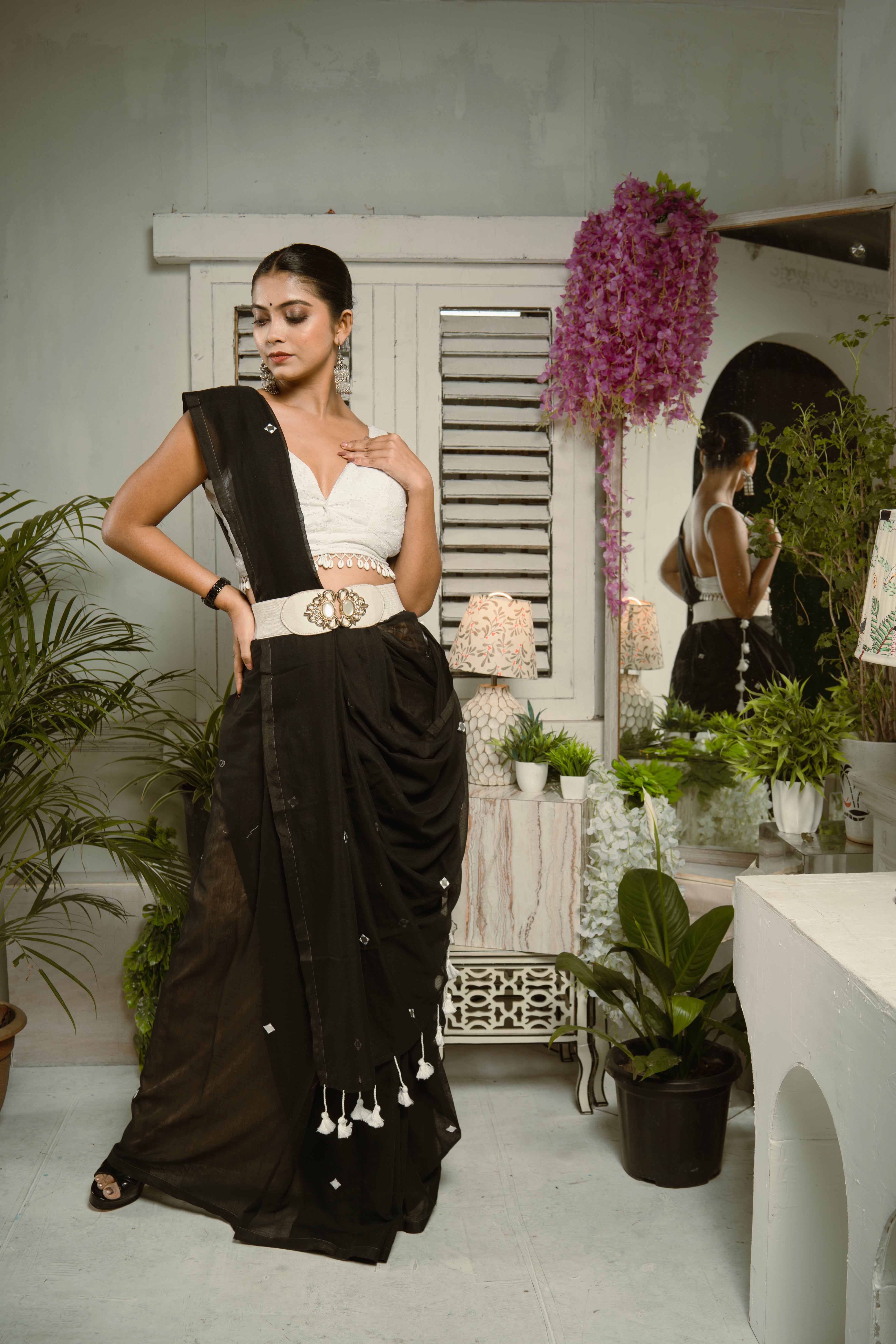 Pure Mul Cotton Mirror Work Saree- Black