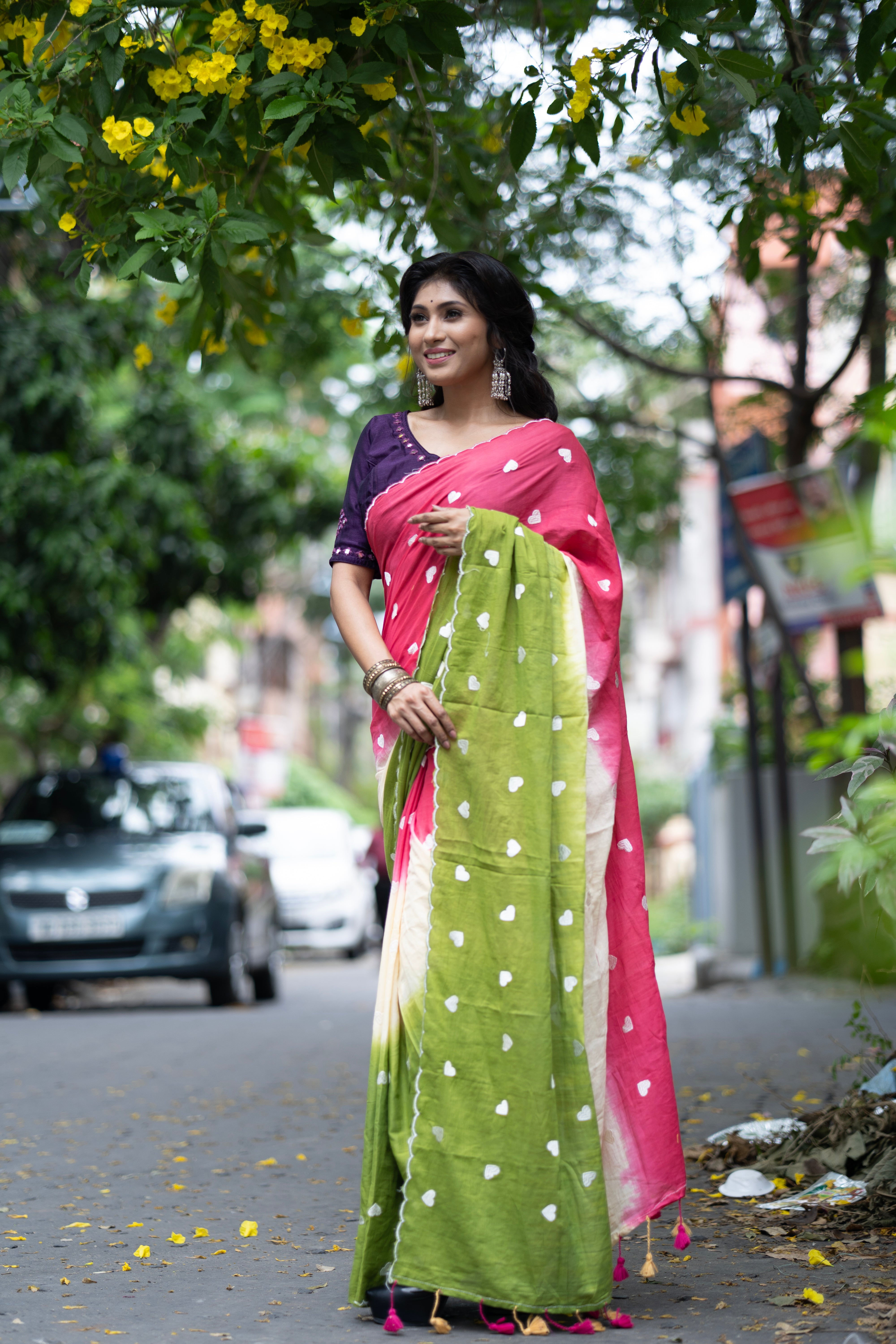 Multicolour Love Embroidery Mulmul Cotton Saree with Cut Border