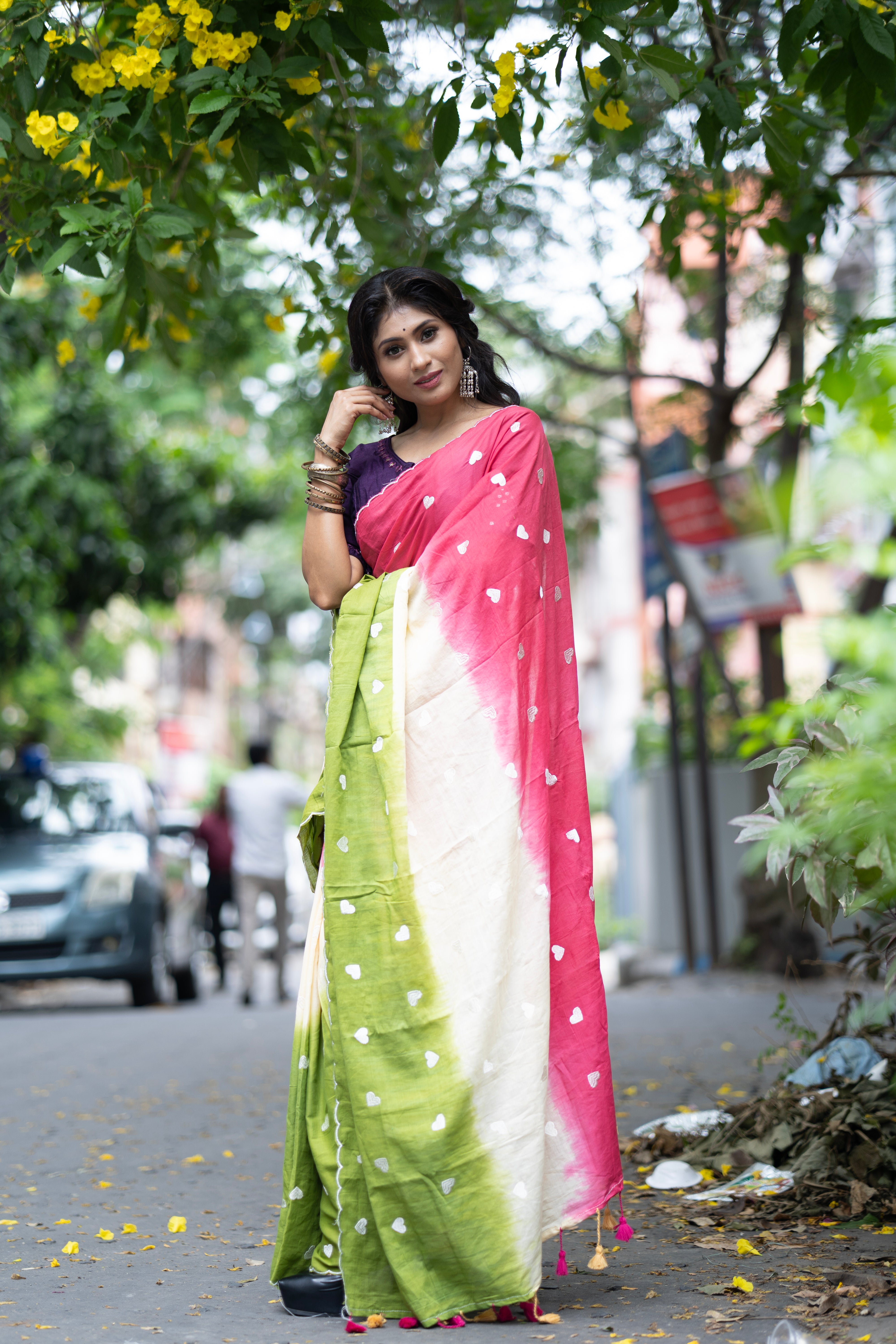 Multicolour Love Embroidery Mulmul Cotton Saree with Cut Border