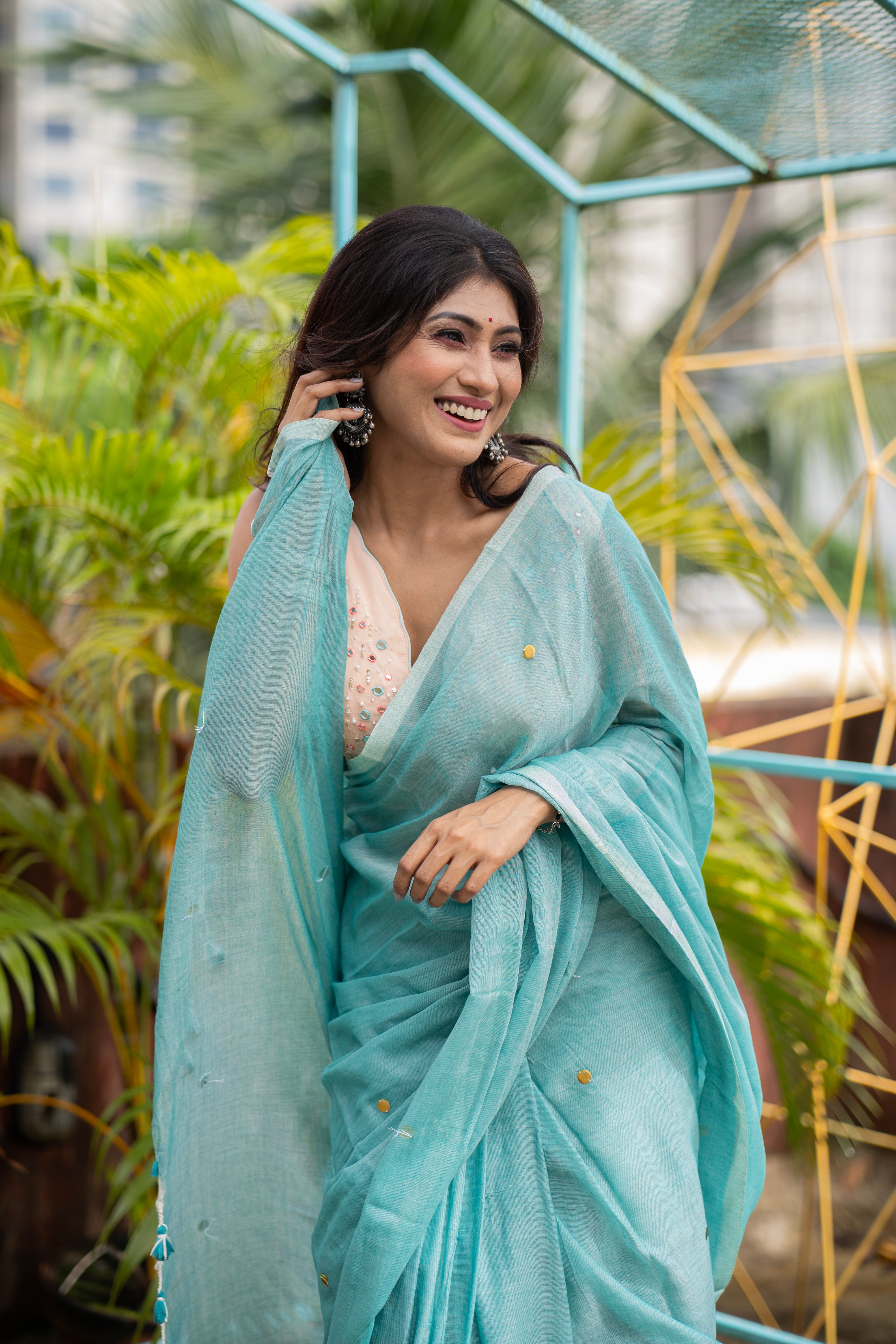 Light Blue Mul Mul Cotton Saree with Ginni Work
