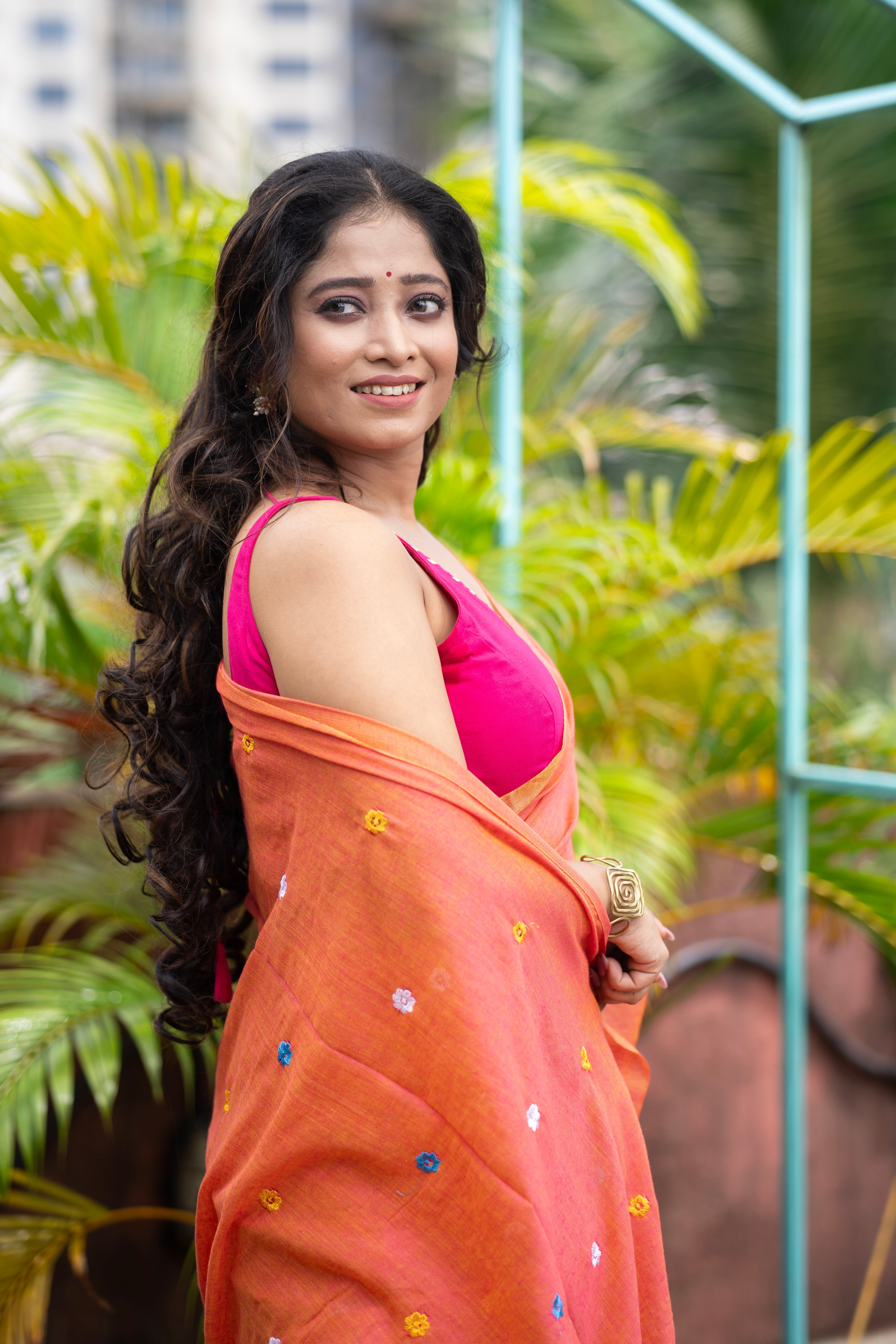 Soft khadi Cotton Embroidery Saree-orange