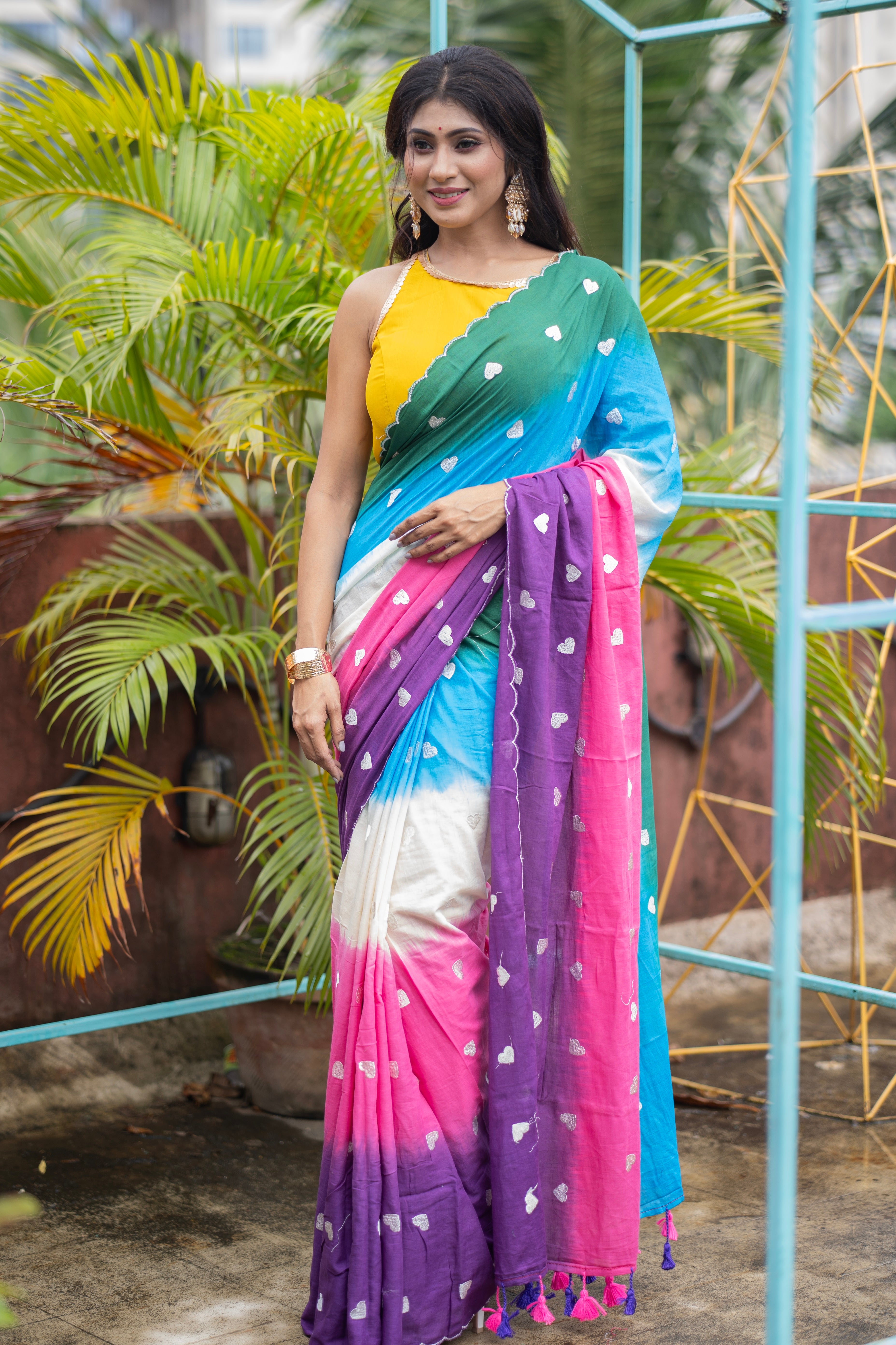 Multicolour Love Embroidery Mulmul Cotton Saree with Cut Border