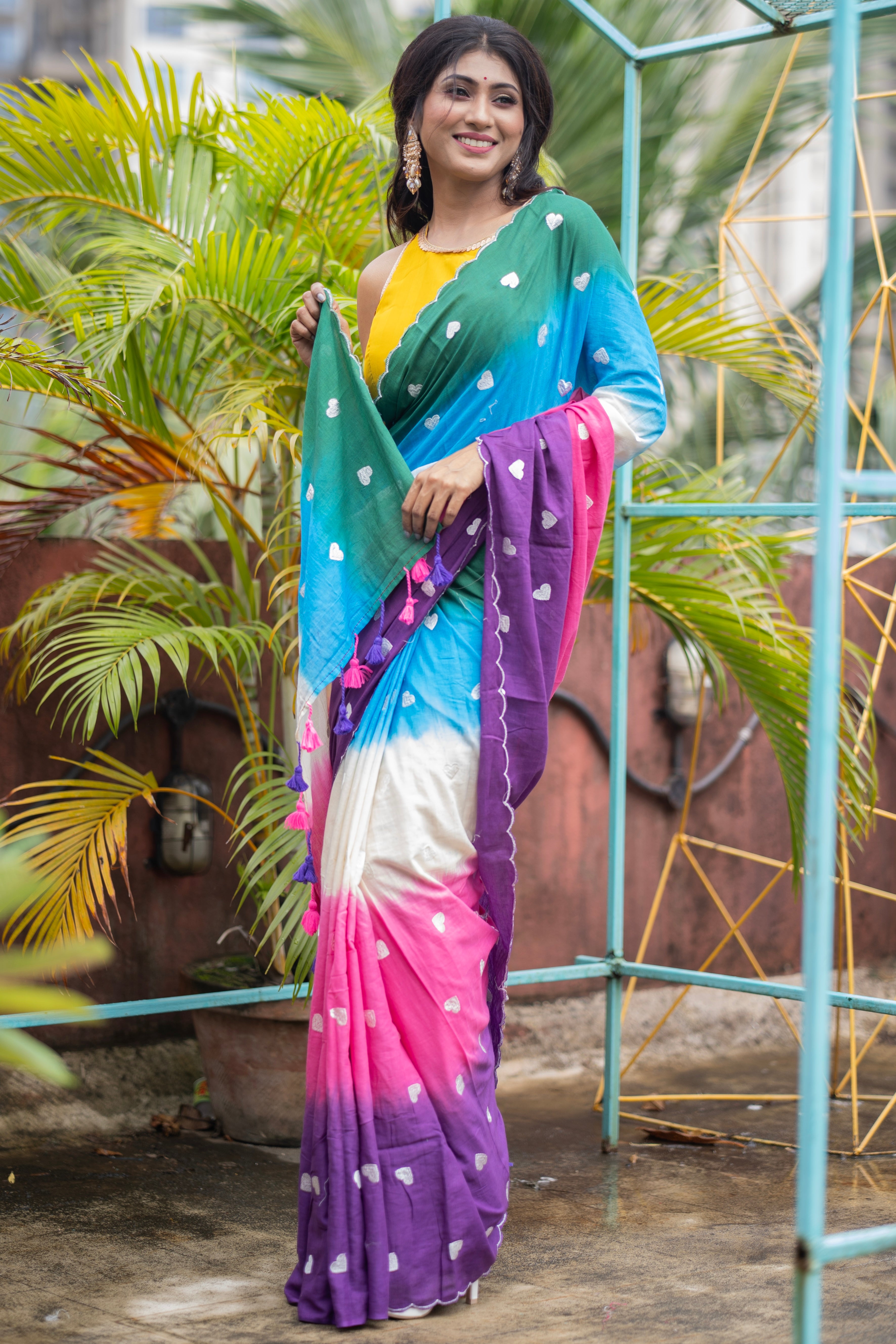 Multicolour Love Embroidery Mulmul Cotton Saree with Cut Border