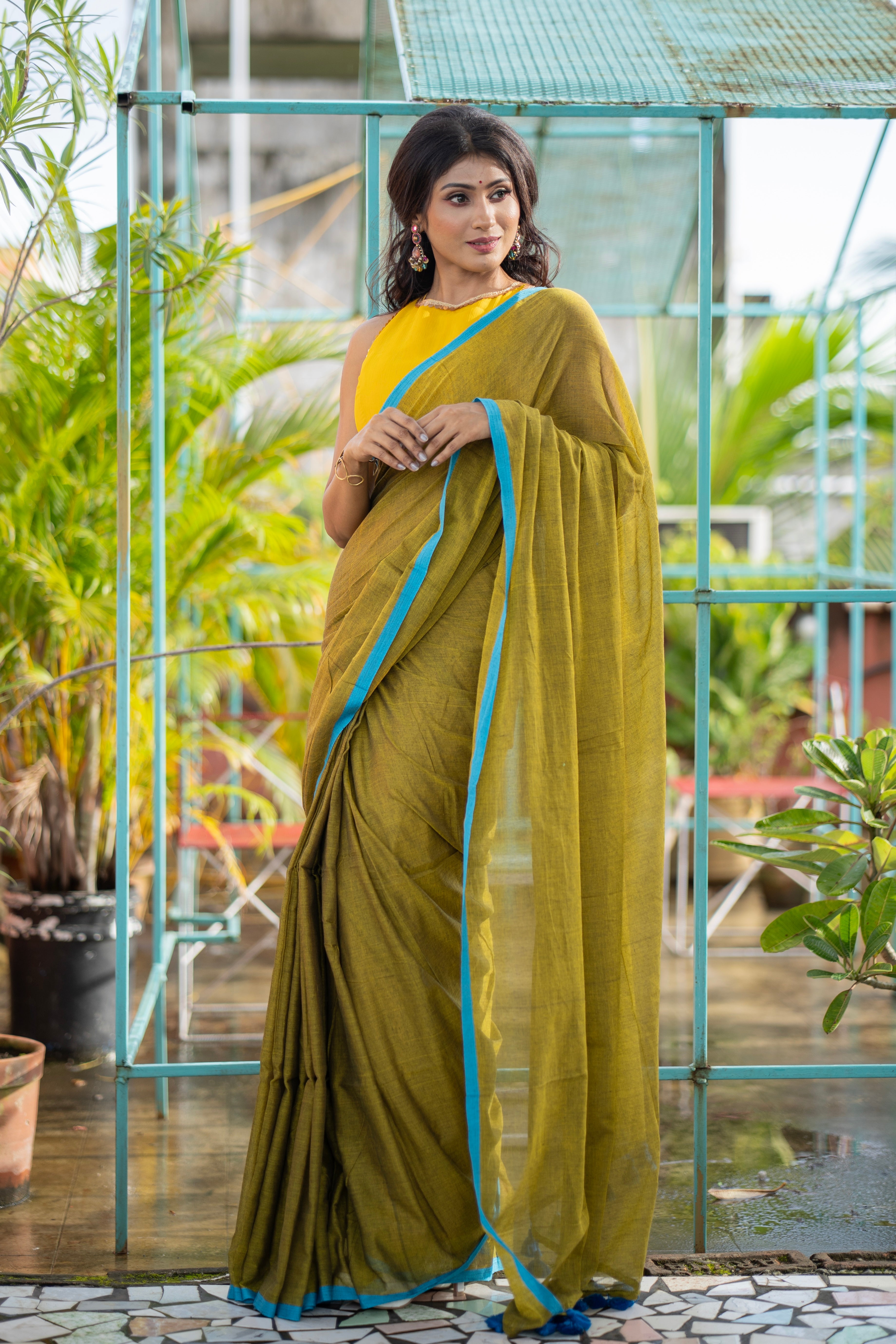 Mulmul Cotton Saree-olive