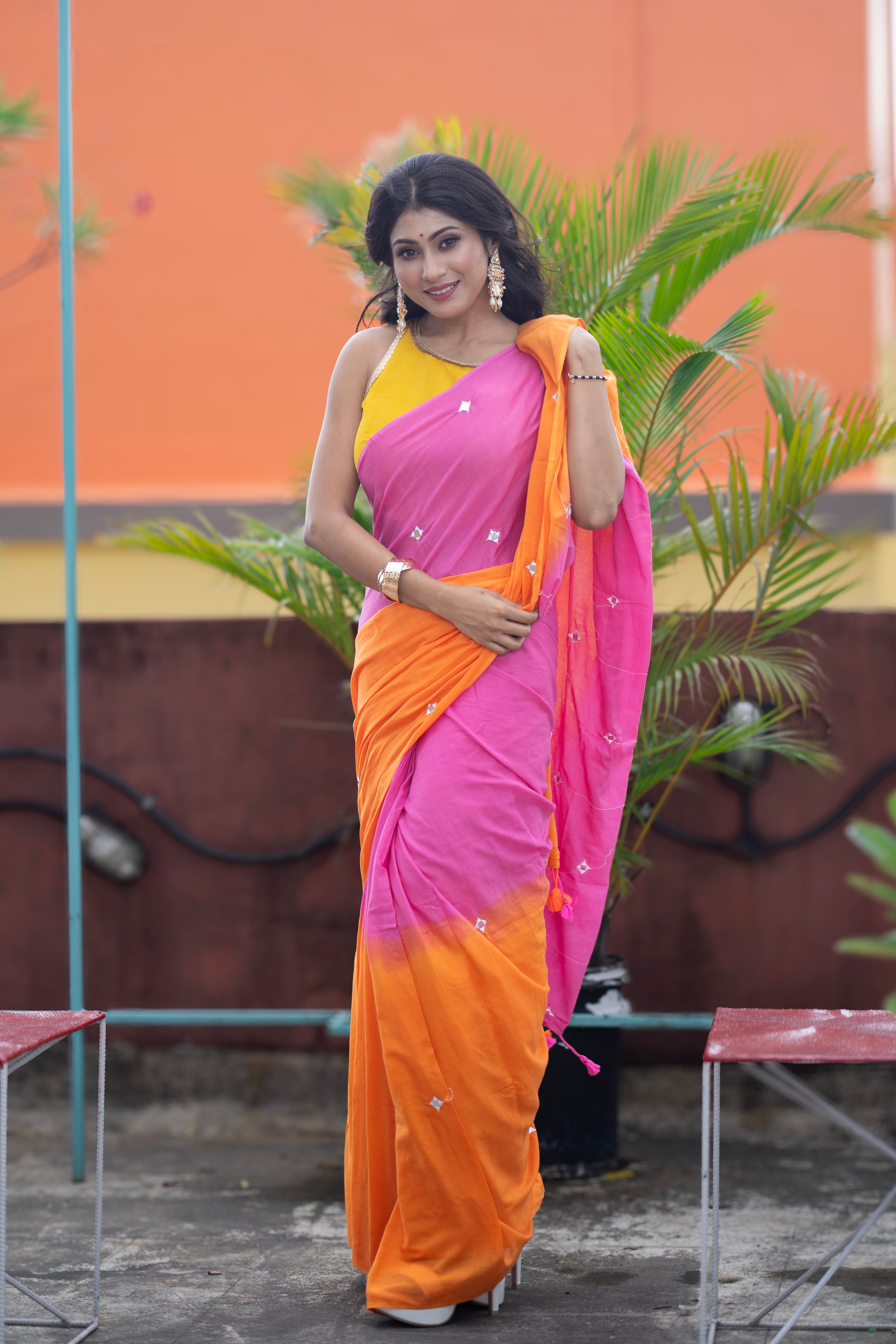 Multicolor pure Mul Mul cotton sarees with mirror work saree