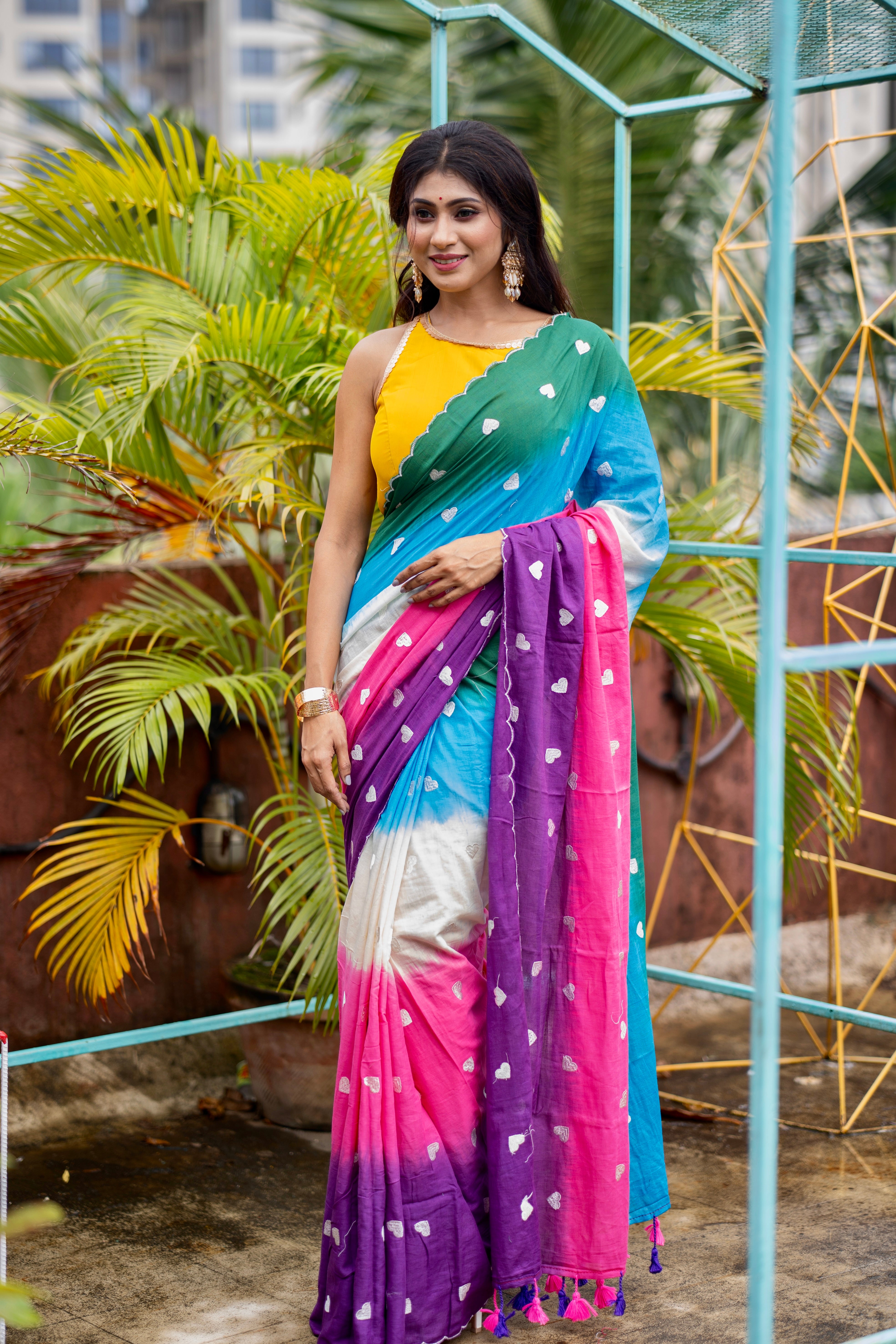 Multicolour Love Embroidery Mulmul Cotton Saree with Cut Border