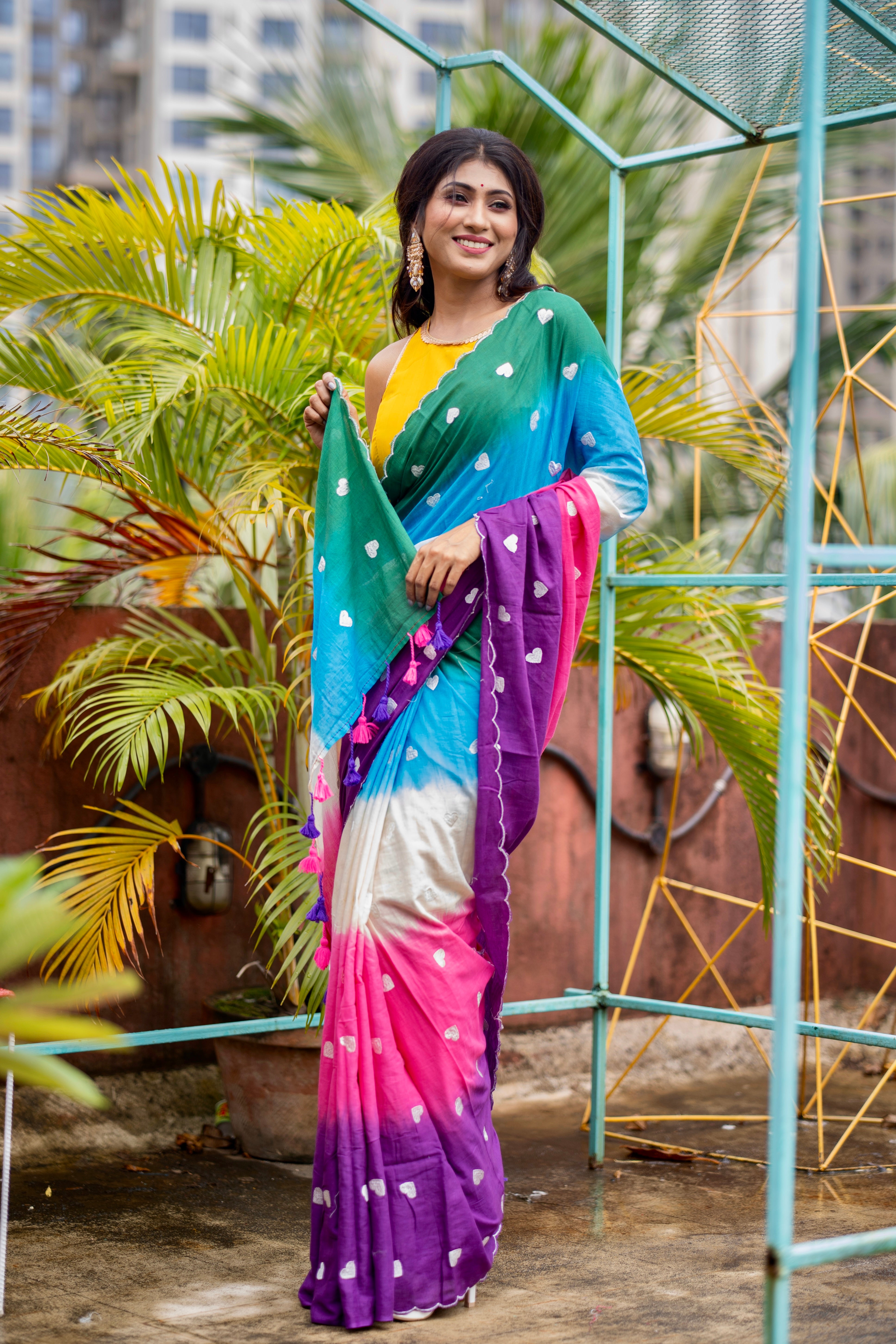 Multicolour Love Embroidery Mulmul Cotton Saree with Cut Border