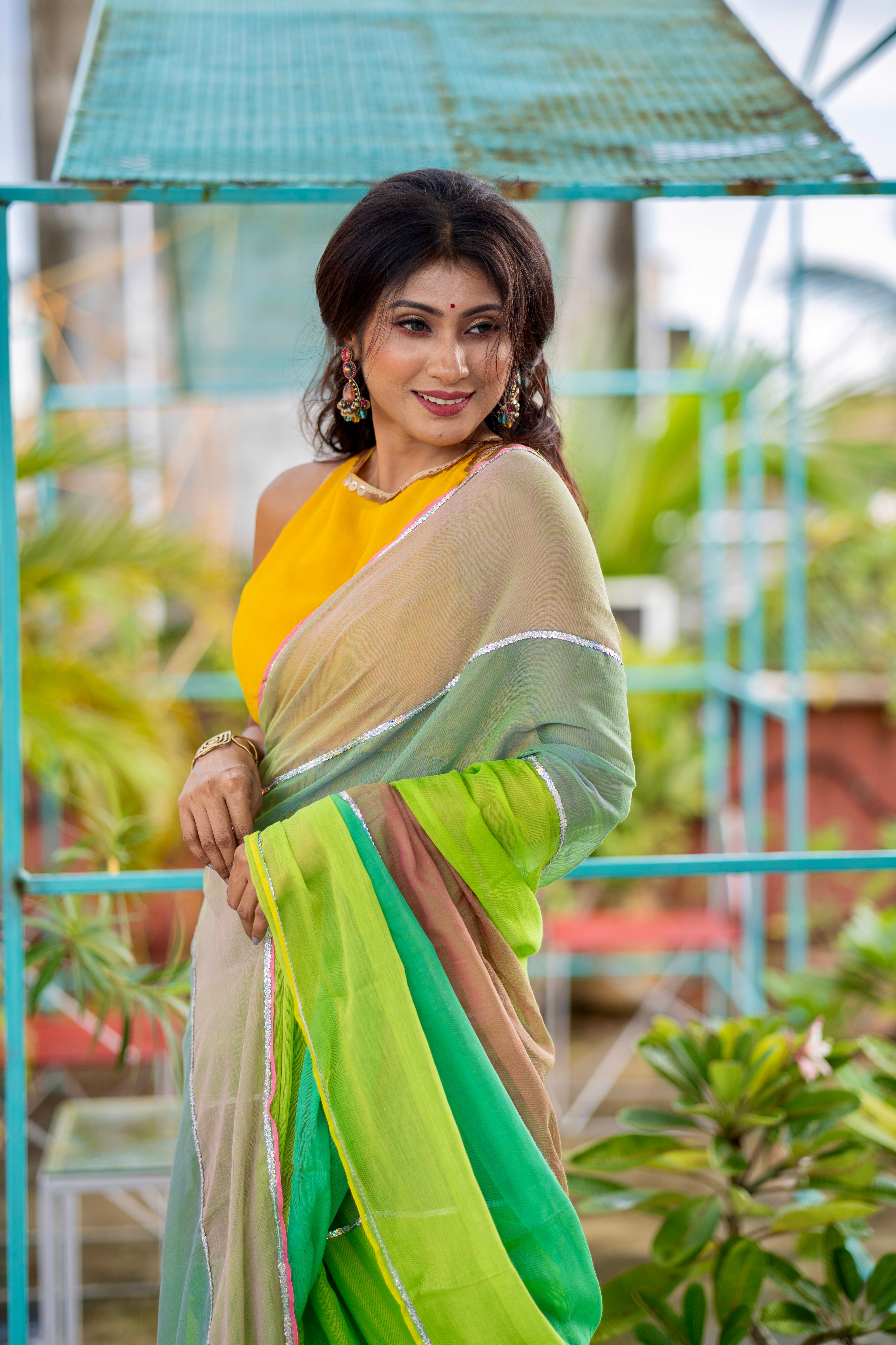 Light green Mul Mul Cotton Saree with Multi Rainbow Sequence Work