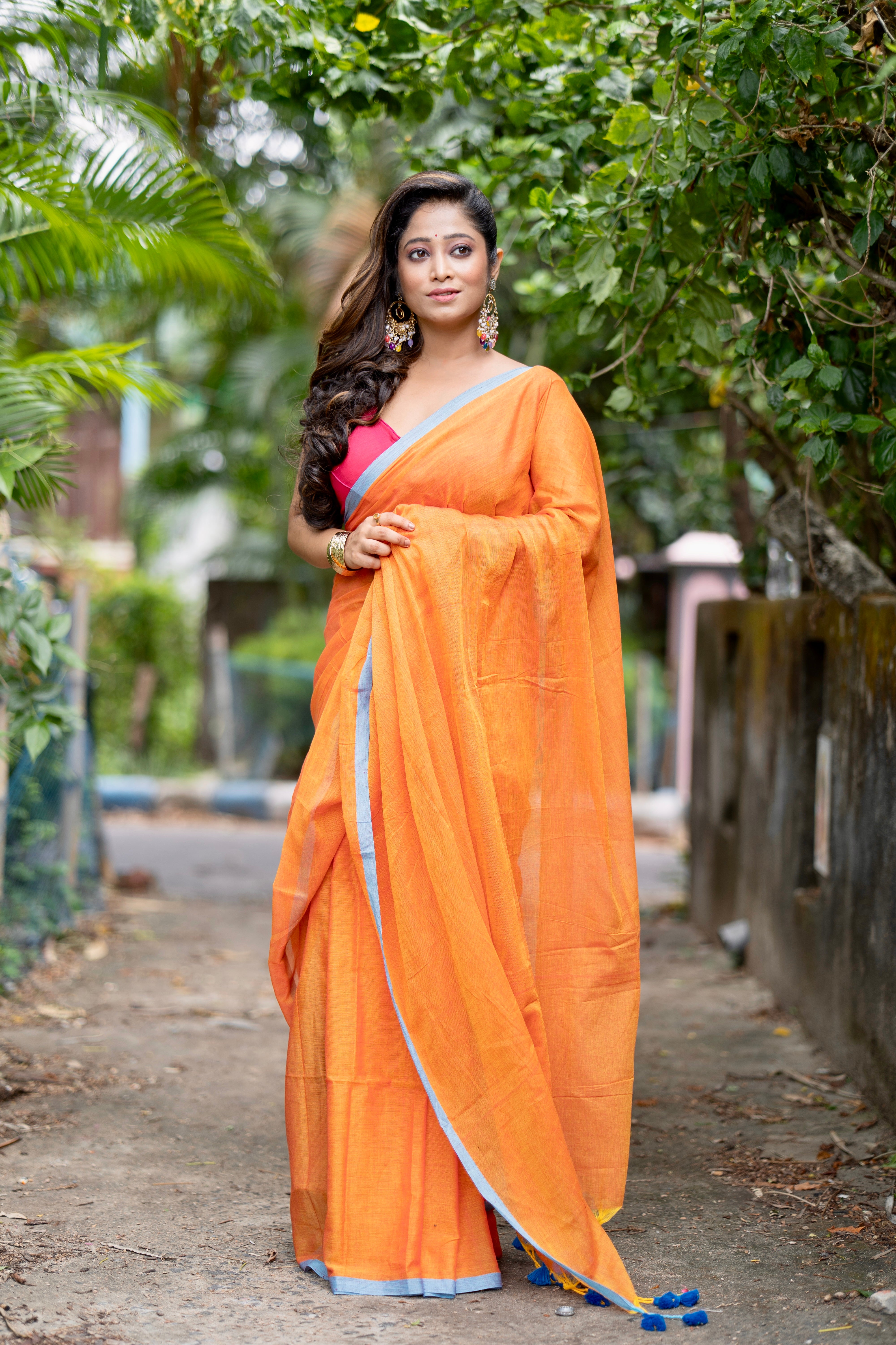 Pure Mulmul Cotton Saree - Orange