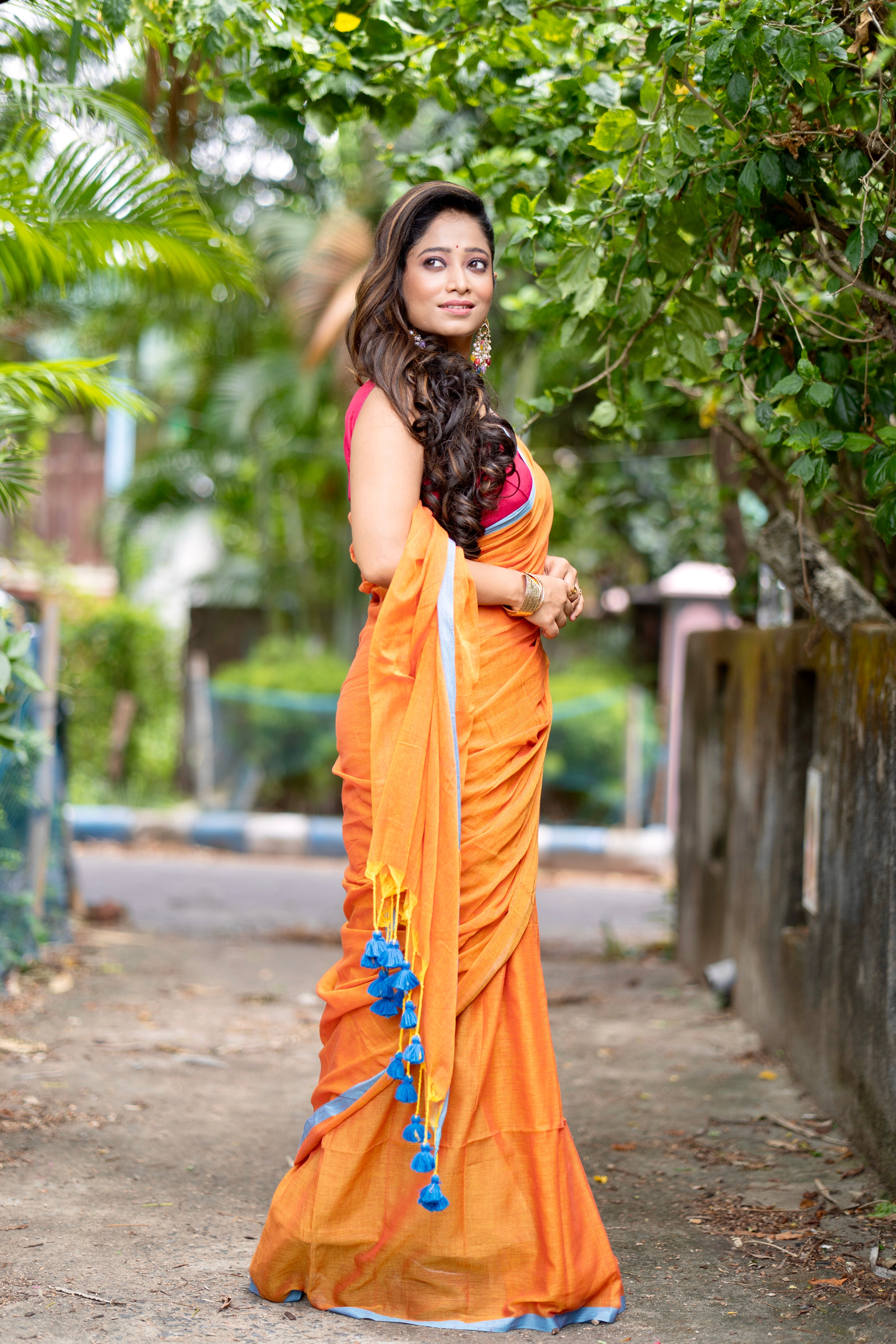 Pure Mulmul Cotton Saree - Orange