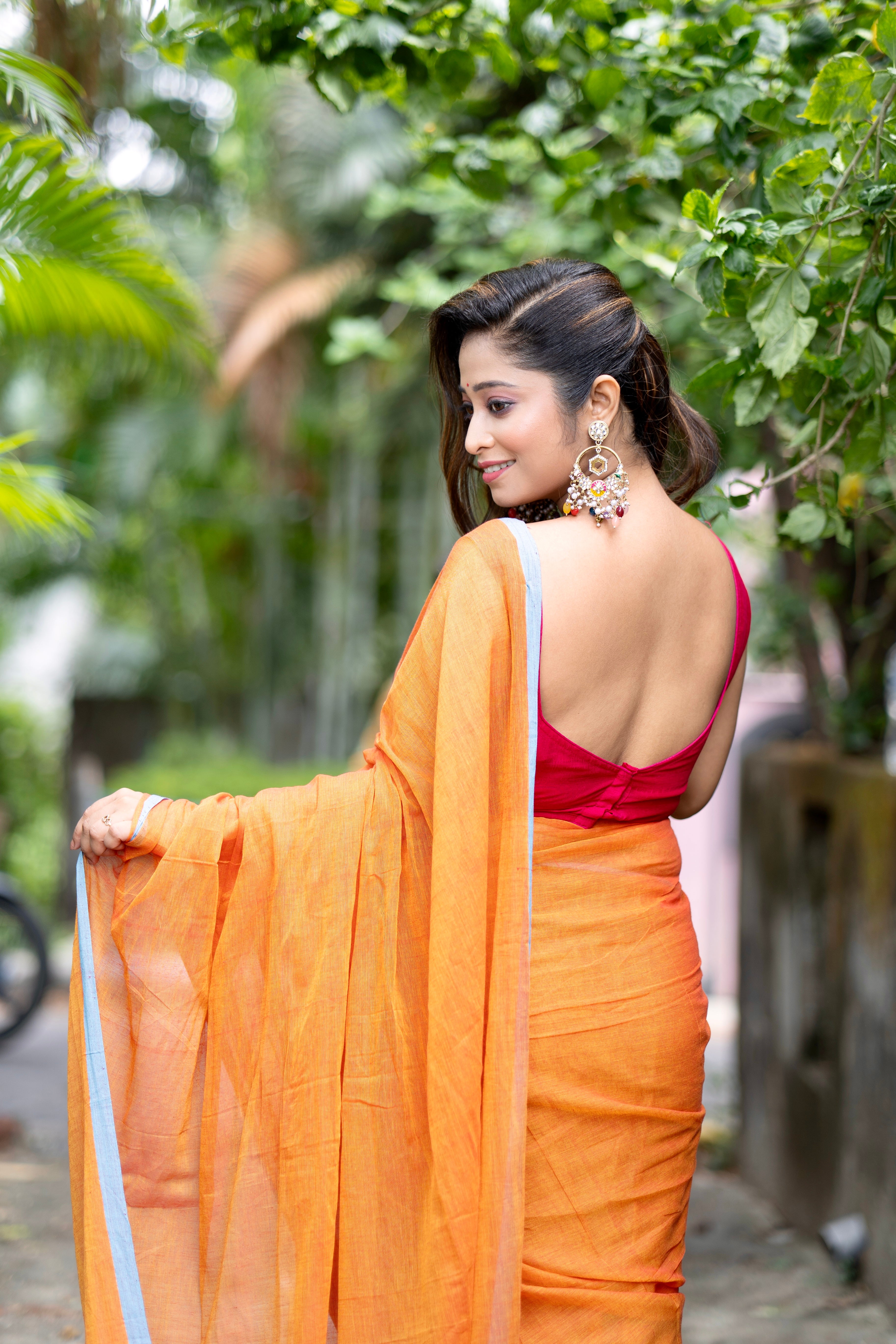Pure Mulmul Cotton Saree - Orange
