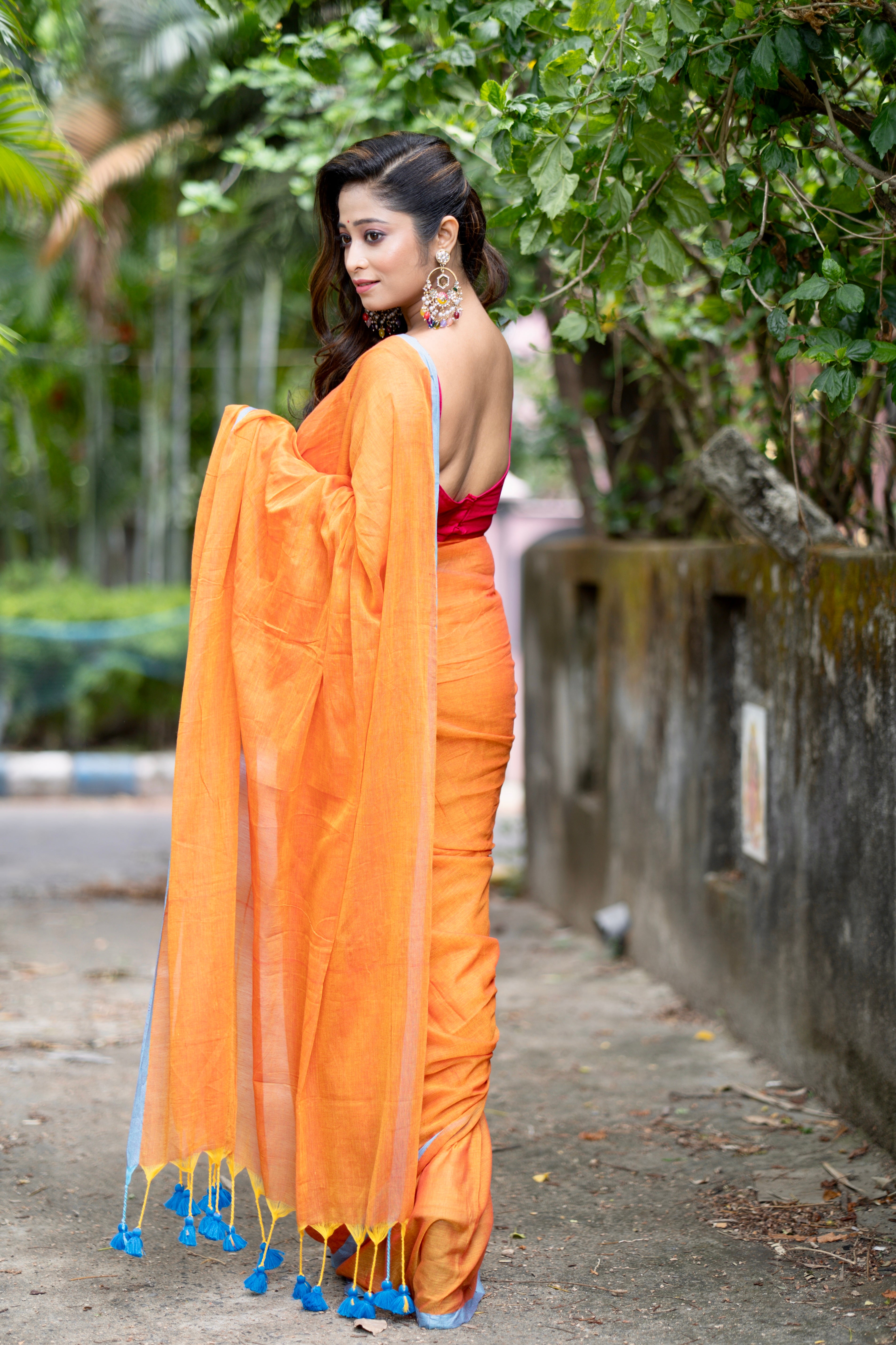 Pure Mulmul Cotton Saree - Orange