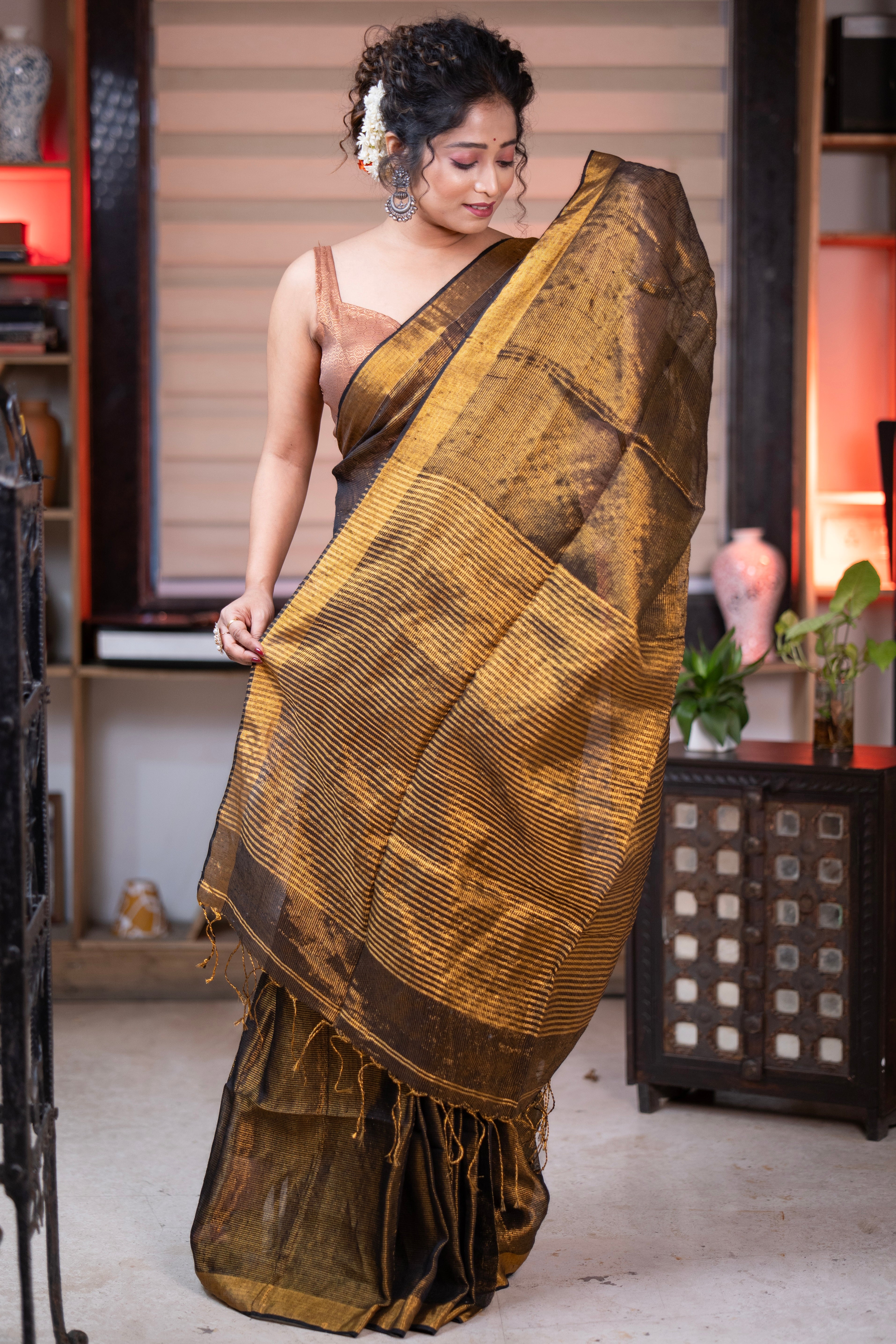 Coffe Dual Tone Tissue Linen Saree