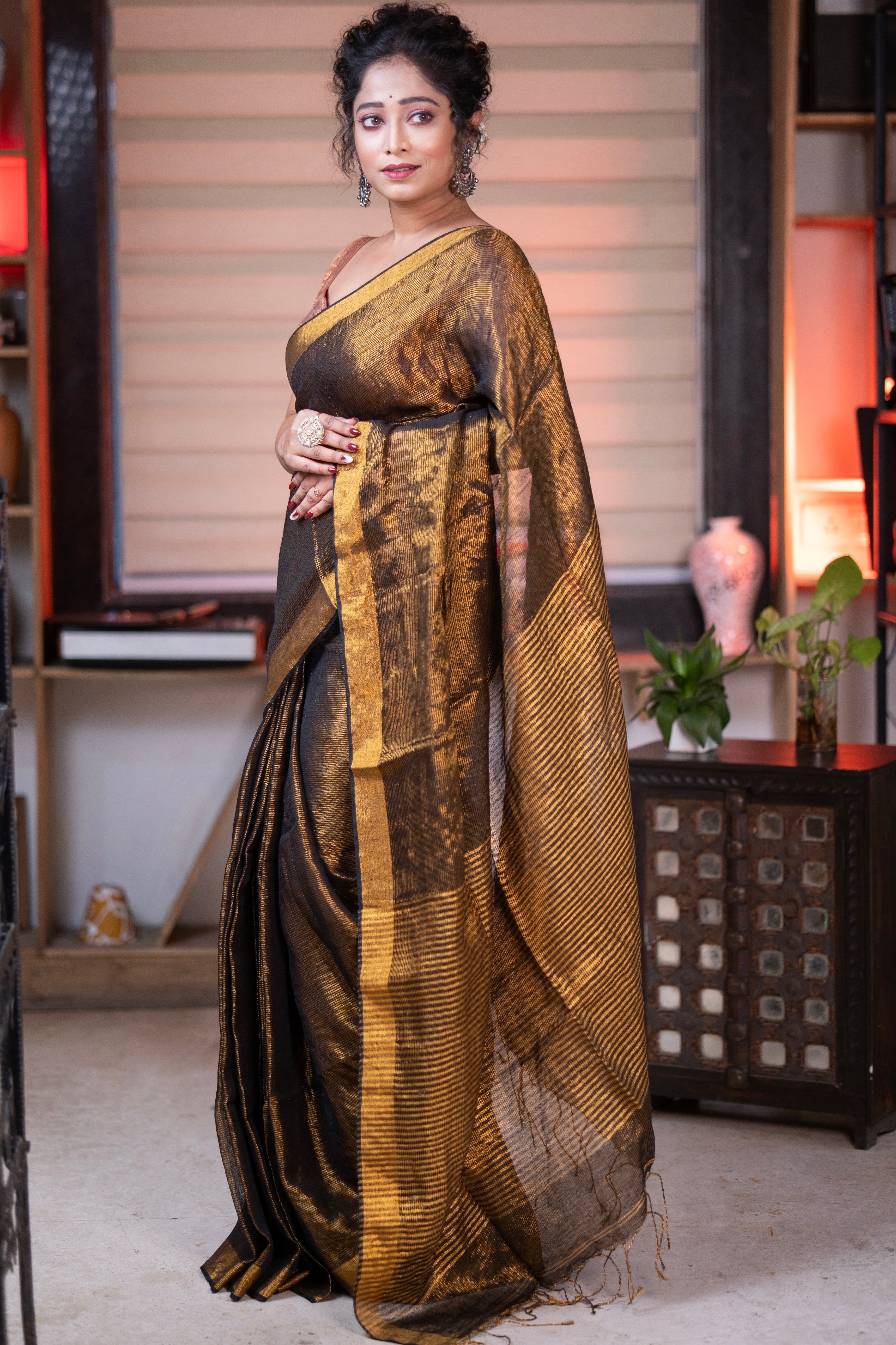Coffe Dual Tone Tissue Linen Saree