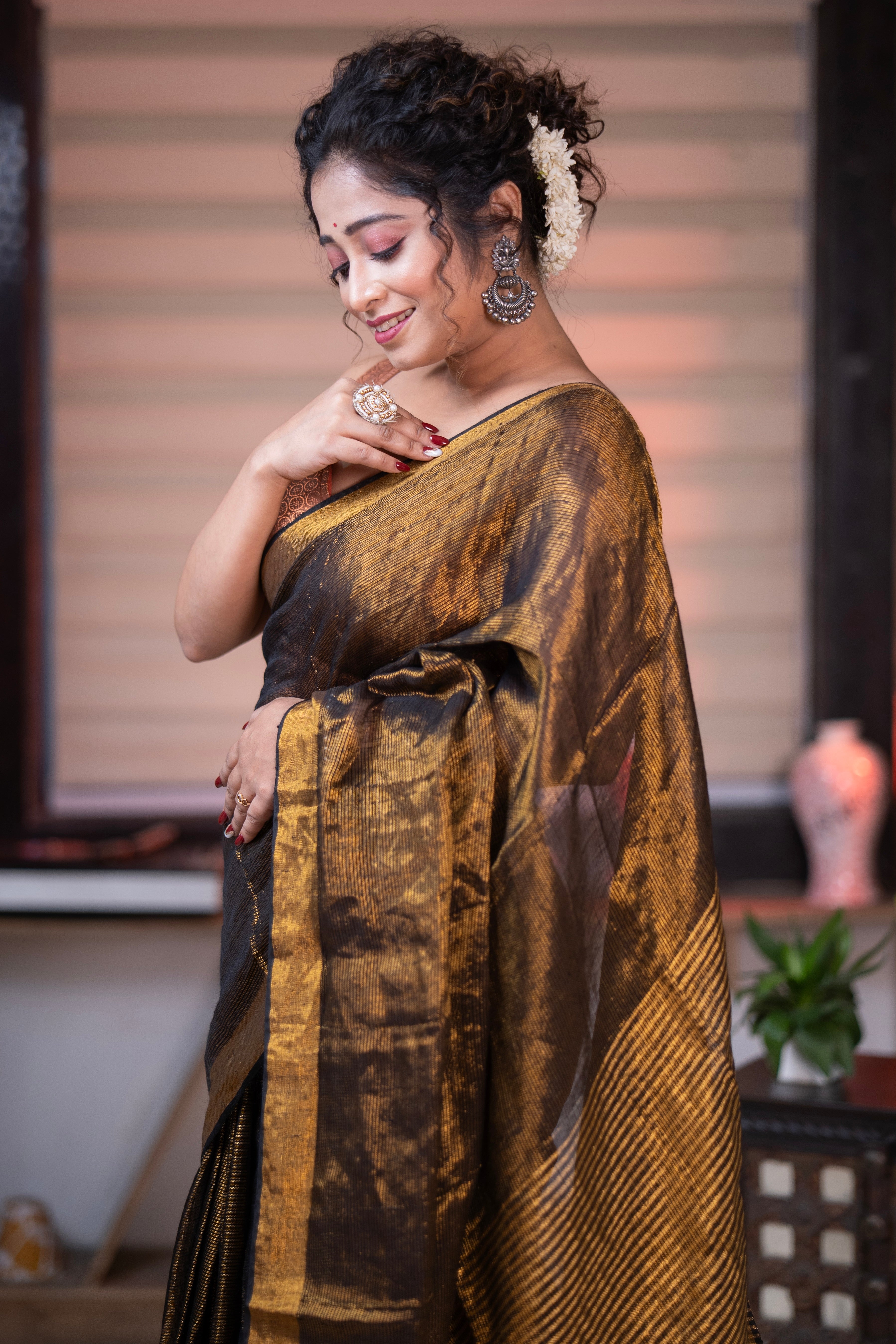 Coffe Dual Tone Tissue Linen Saree