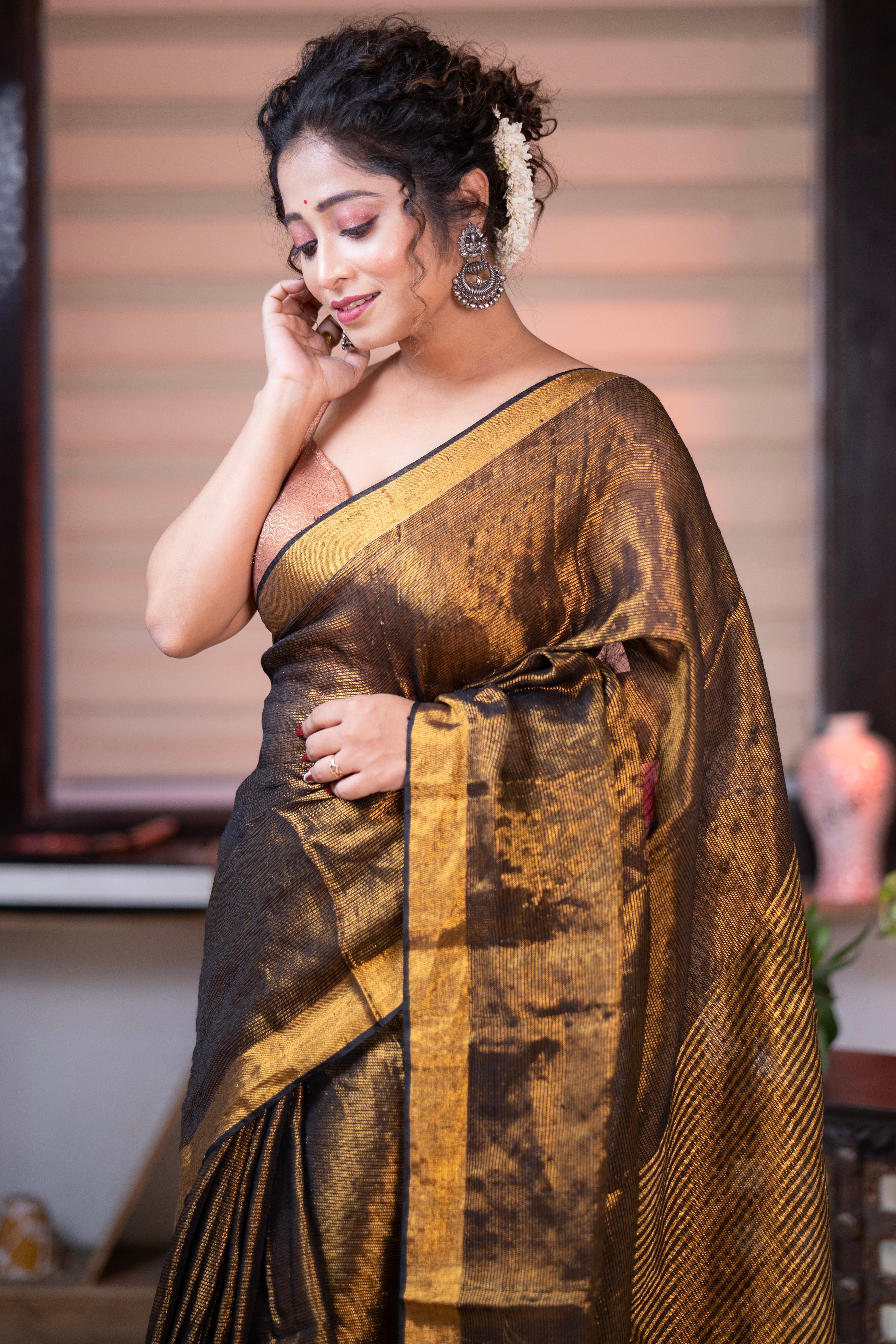 Coffe Dual Tone Tissue Linen Saree