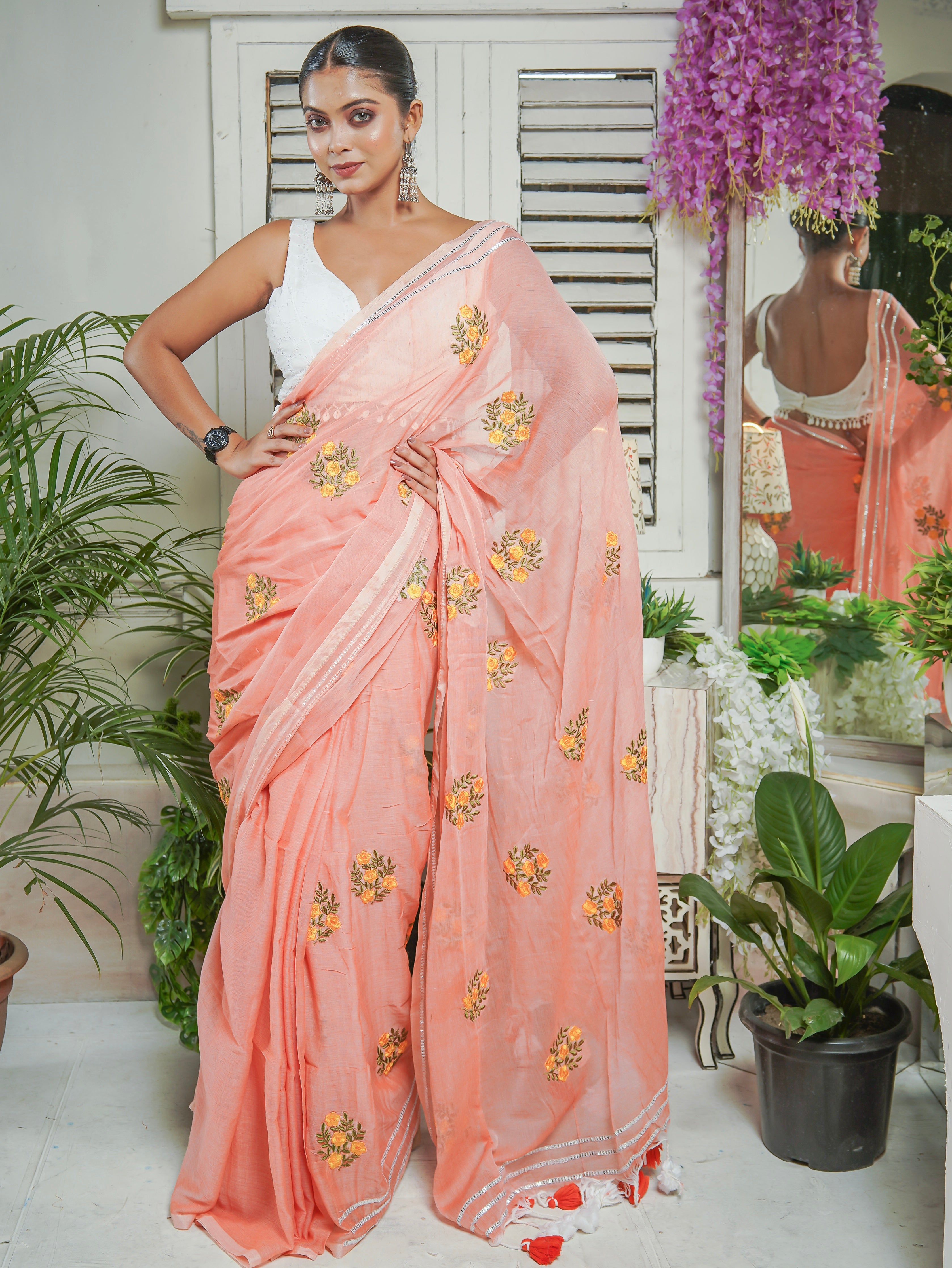 Peach Mul Mul Cotton Saree With Embroidery Work