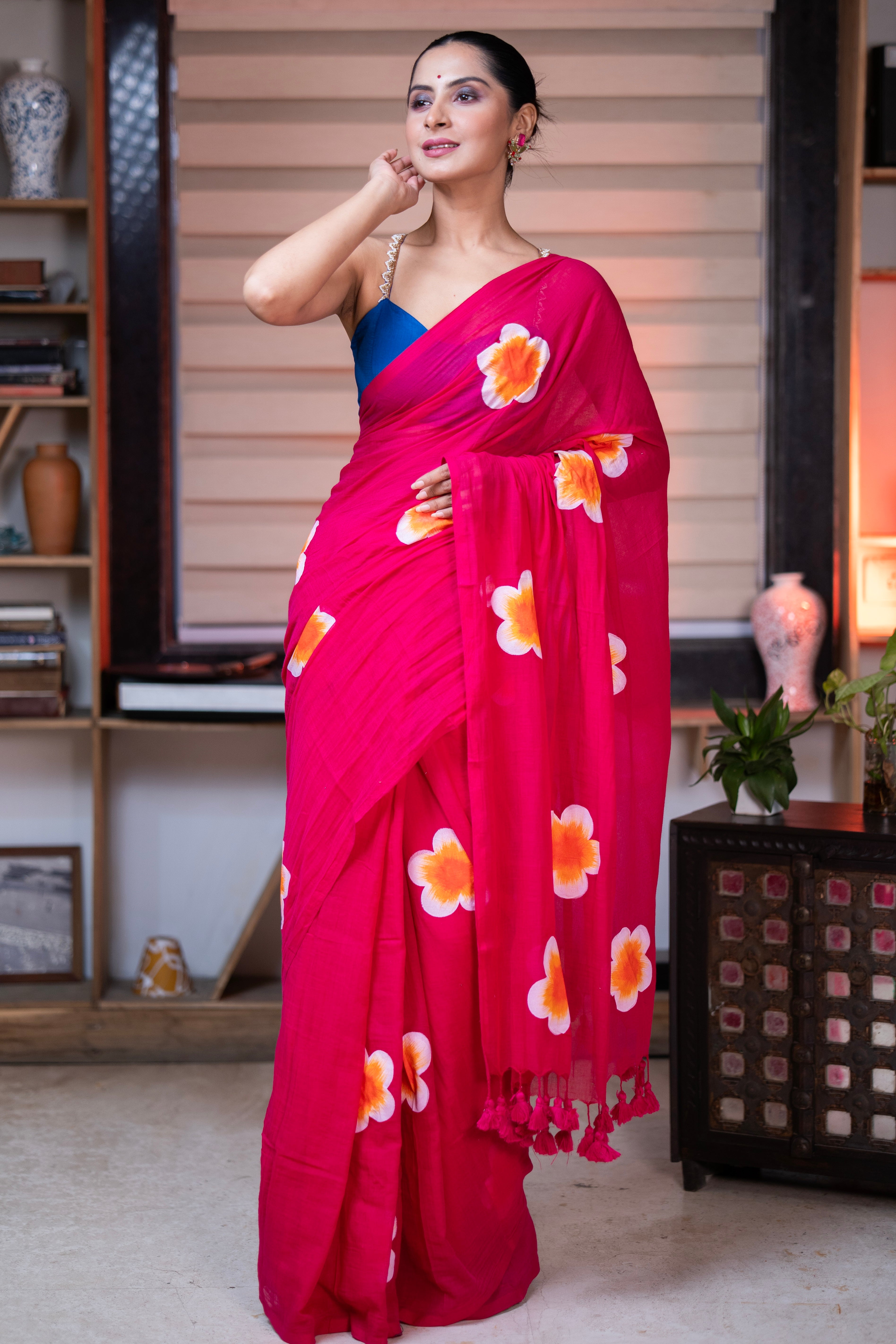 Hand-Printed Floral Mulmul Cotton Saree- Rani