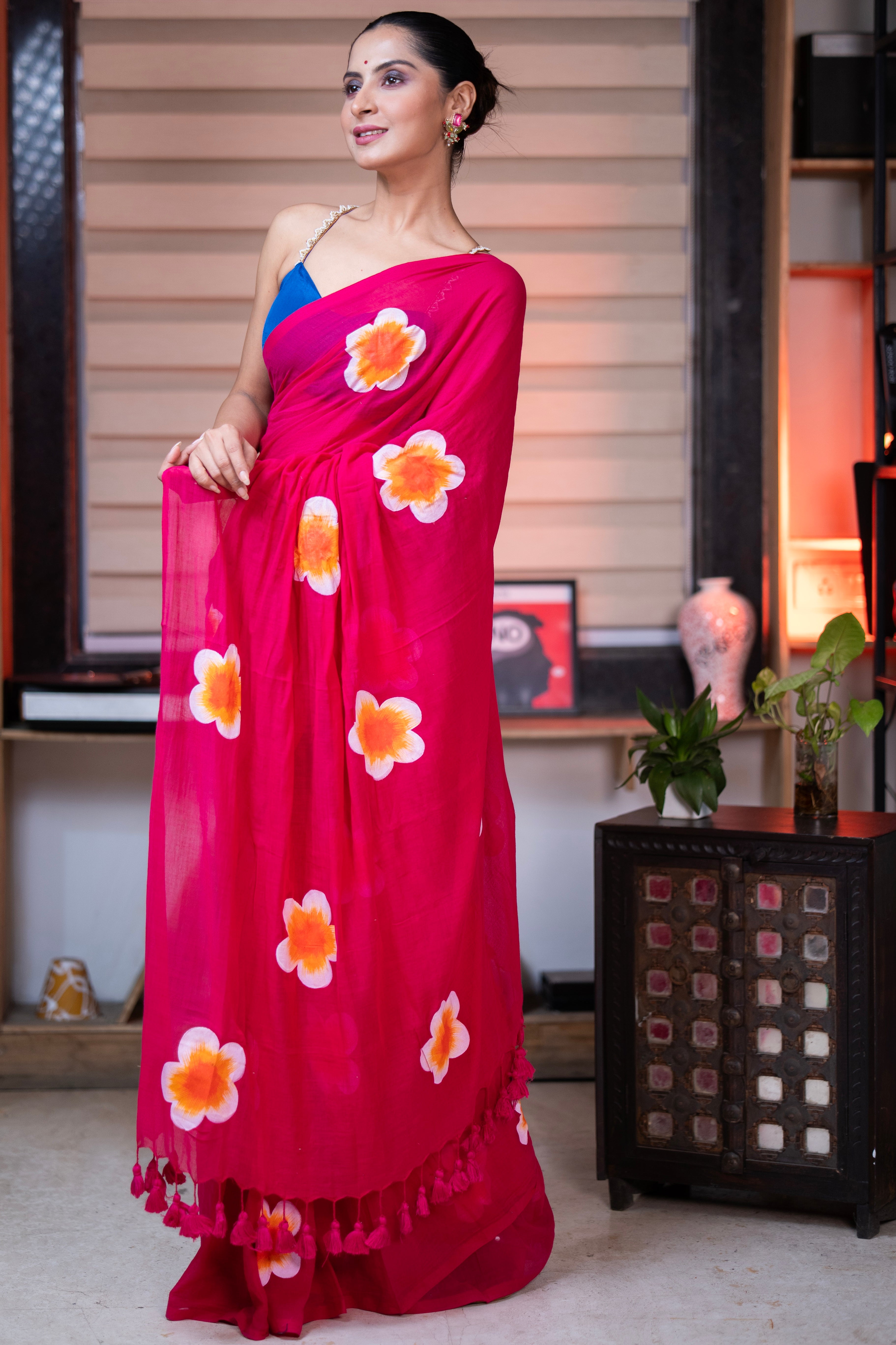 Hand-Printed Floral Mulmul Cotton Saree- Rani