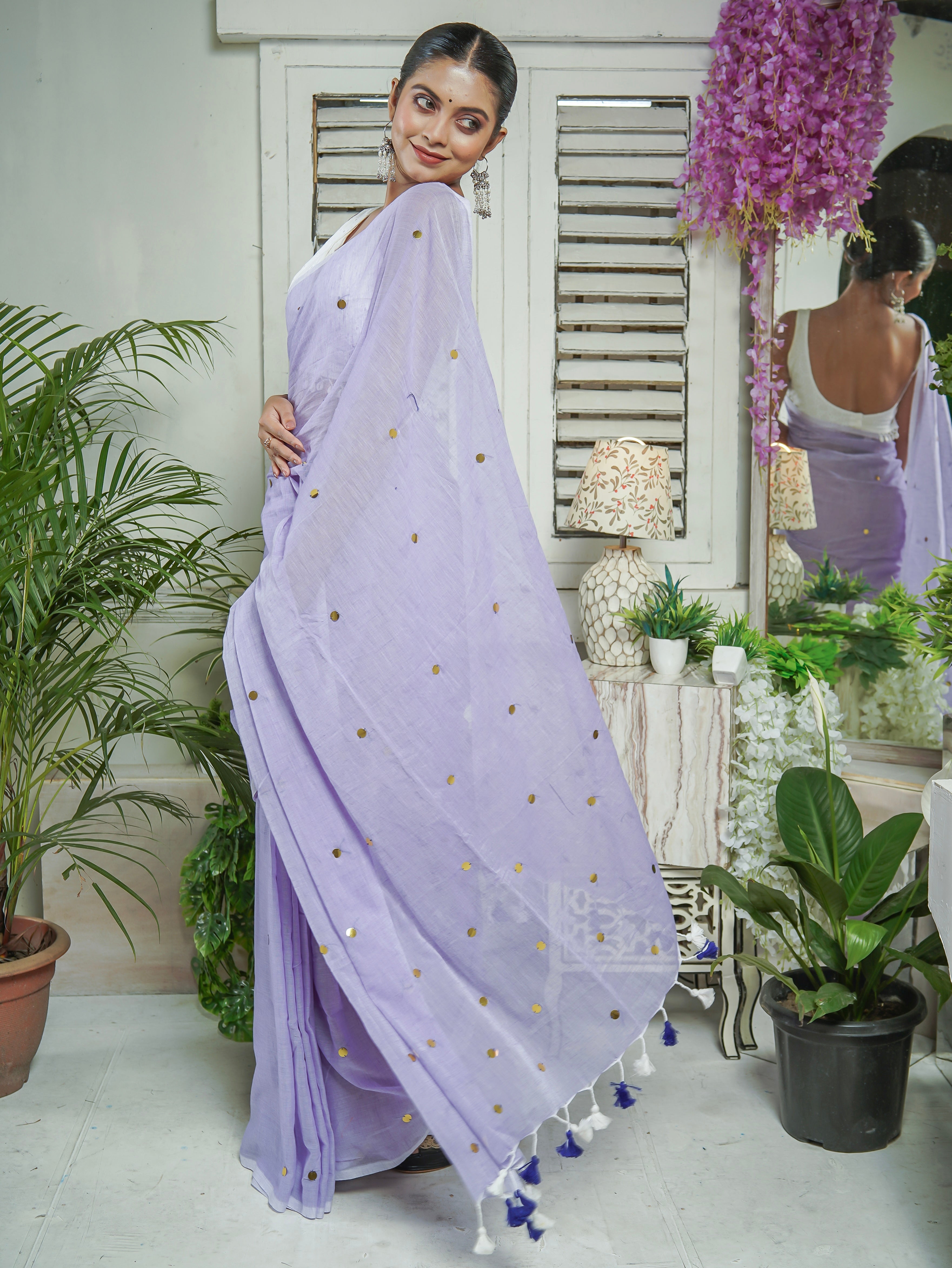 Lavender Mul Mul Cotton Saree with Ginni Work