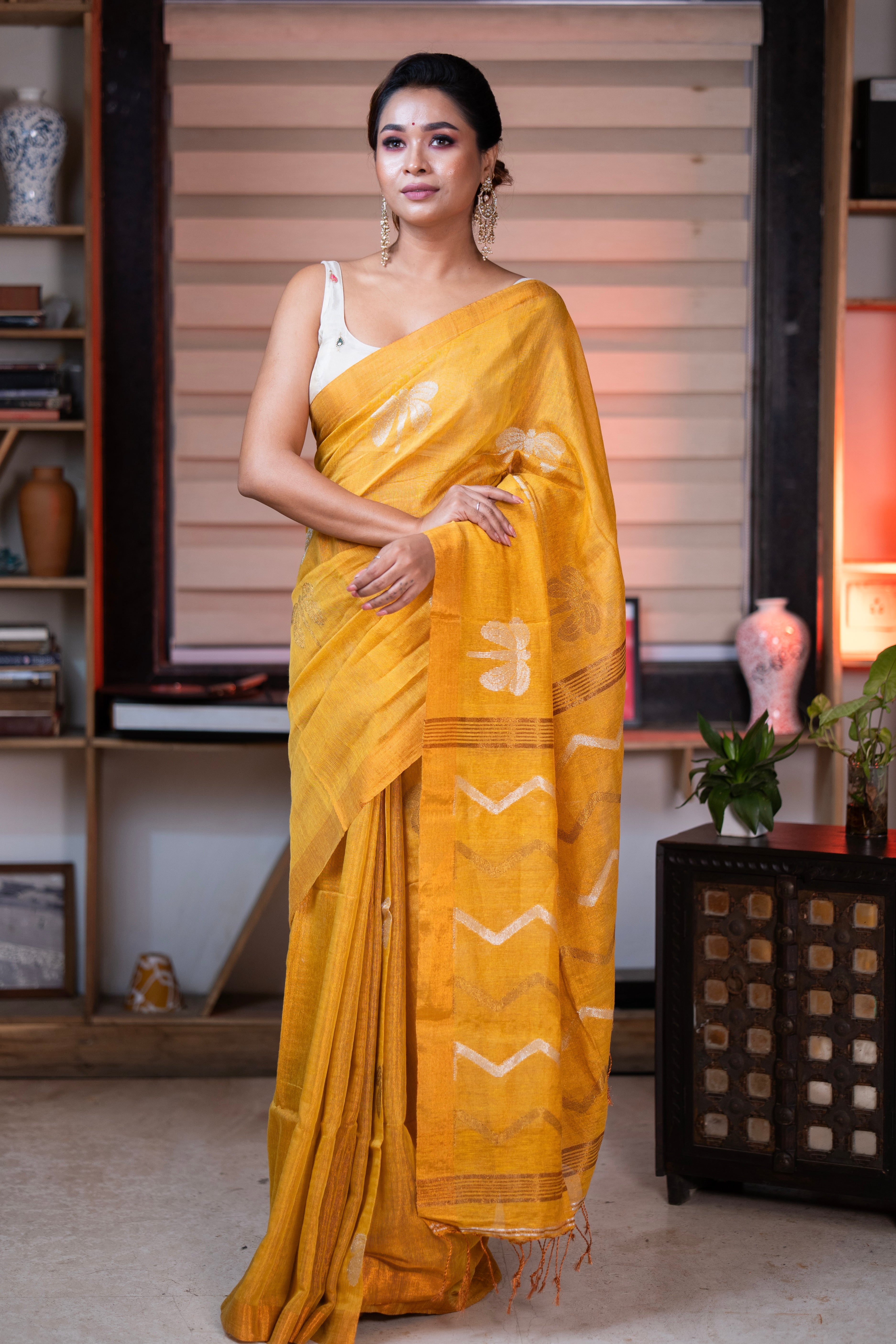 Sunshine Yellow Pure Tissue Linen Butterfly Hand Woven Saree