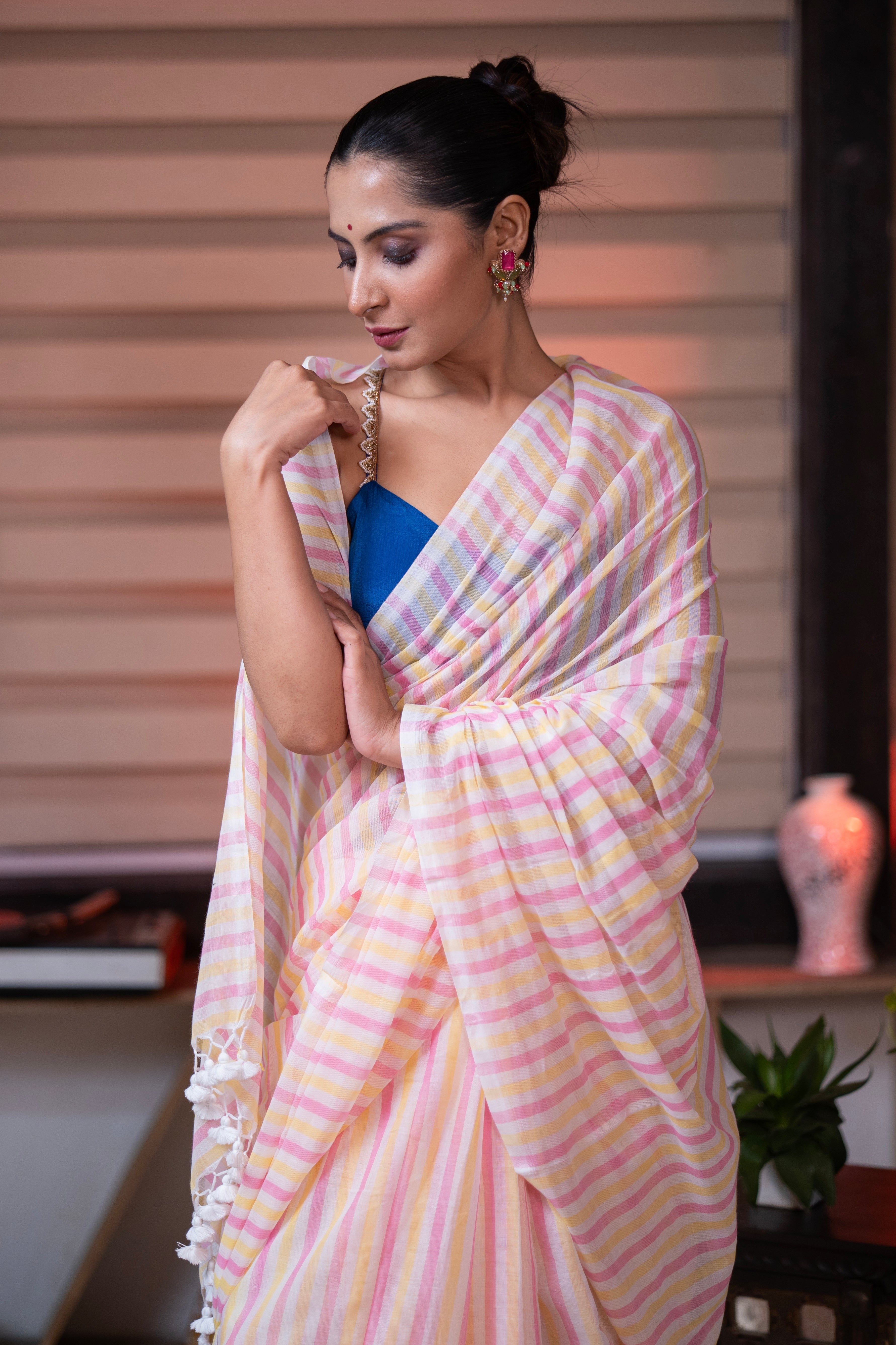 Yellow & Pink Multicolour Stripes Mul Mul Cotton Saree