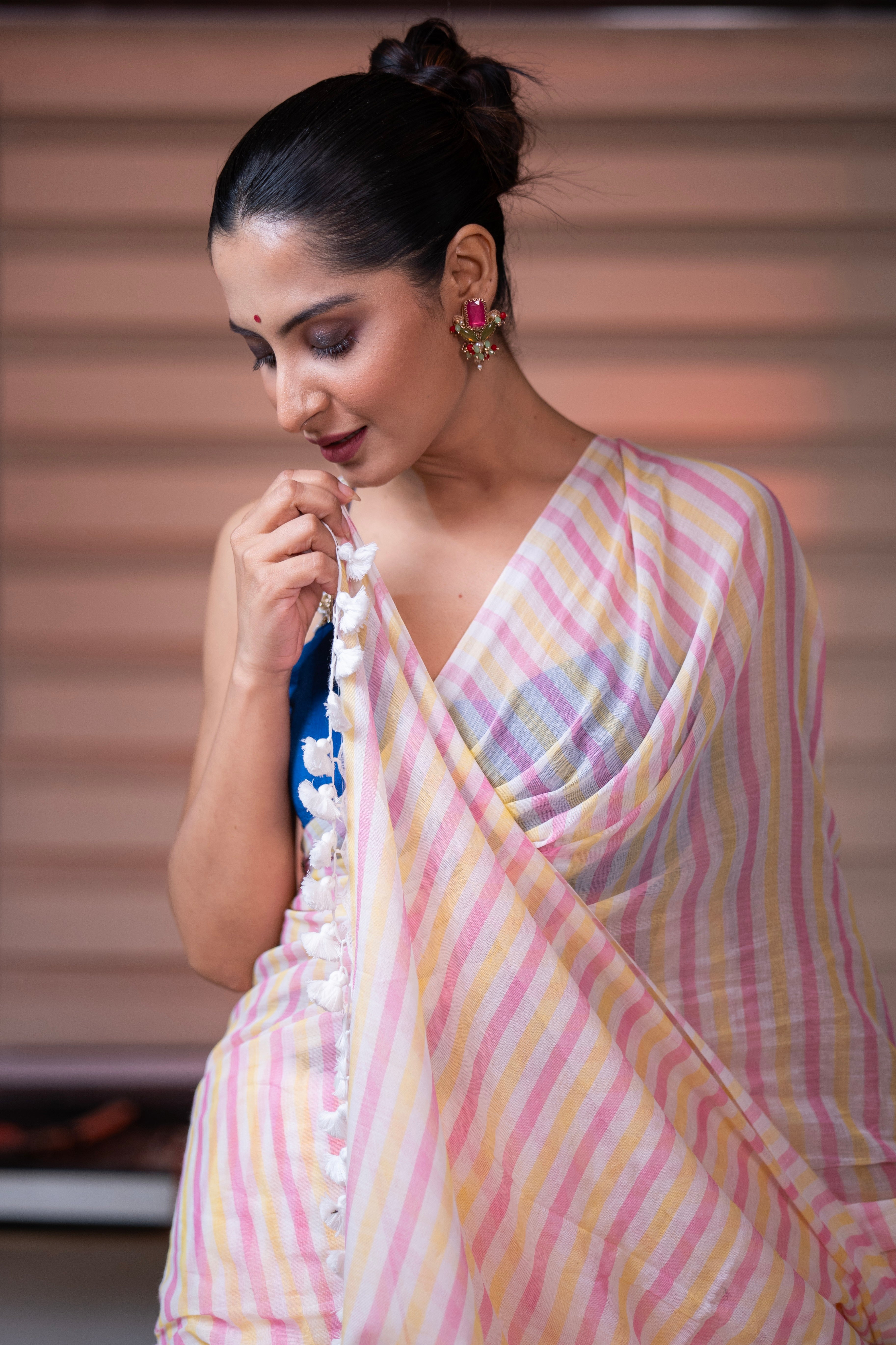 Yellow & Pink Multicolour Stripes Mul Mul Cotton Saree