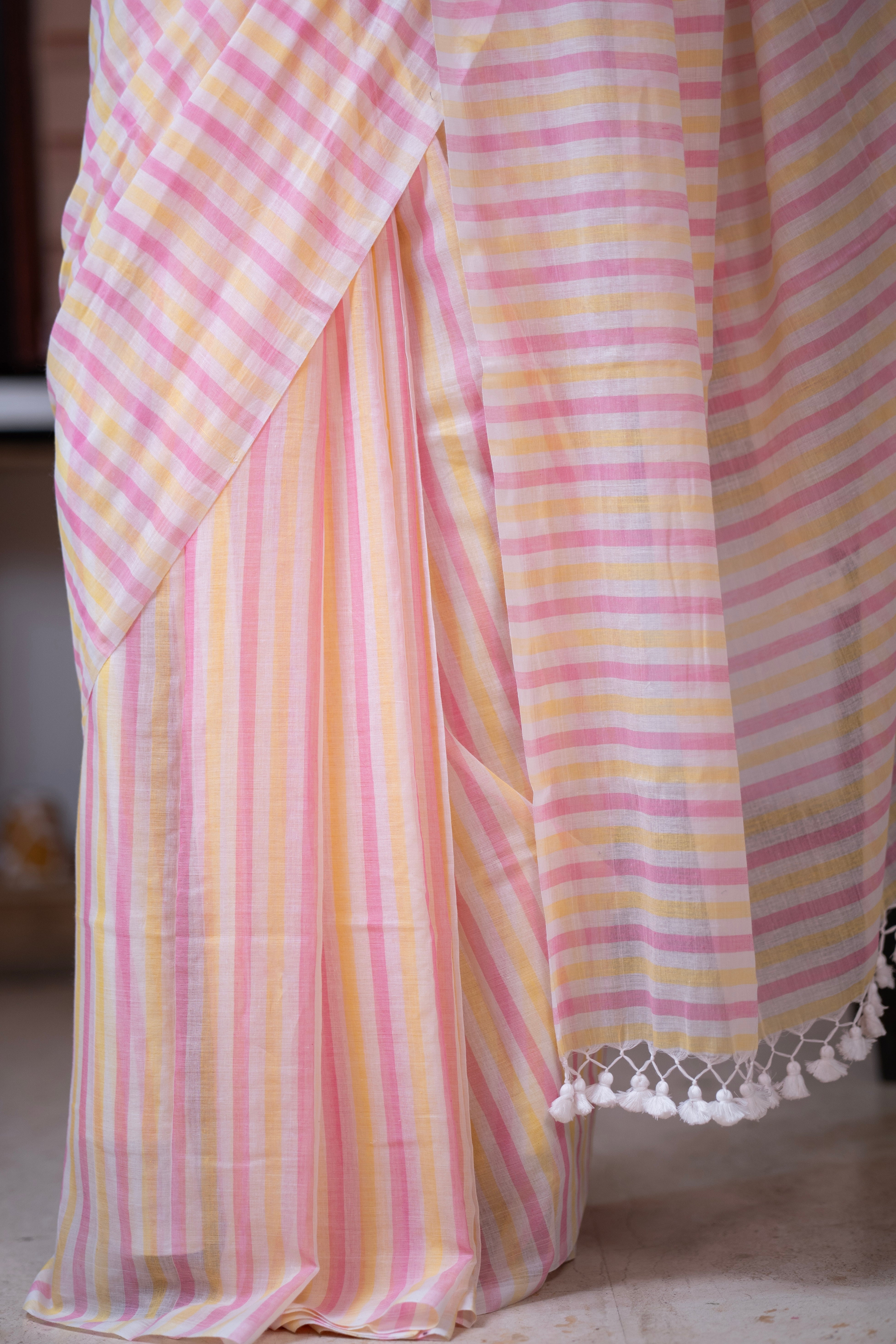 Yellow & Pink Multicolour Stripes Mul Mul Cotton Saree