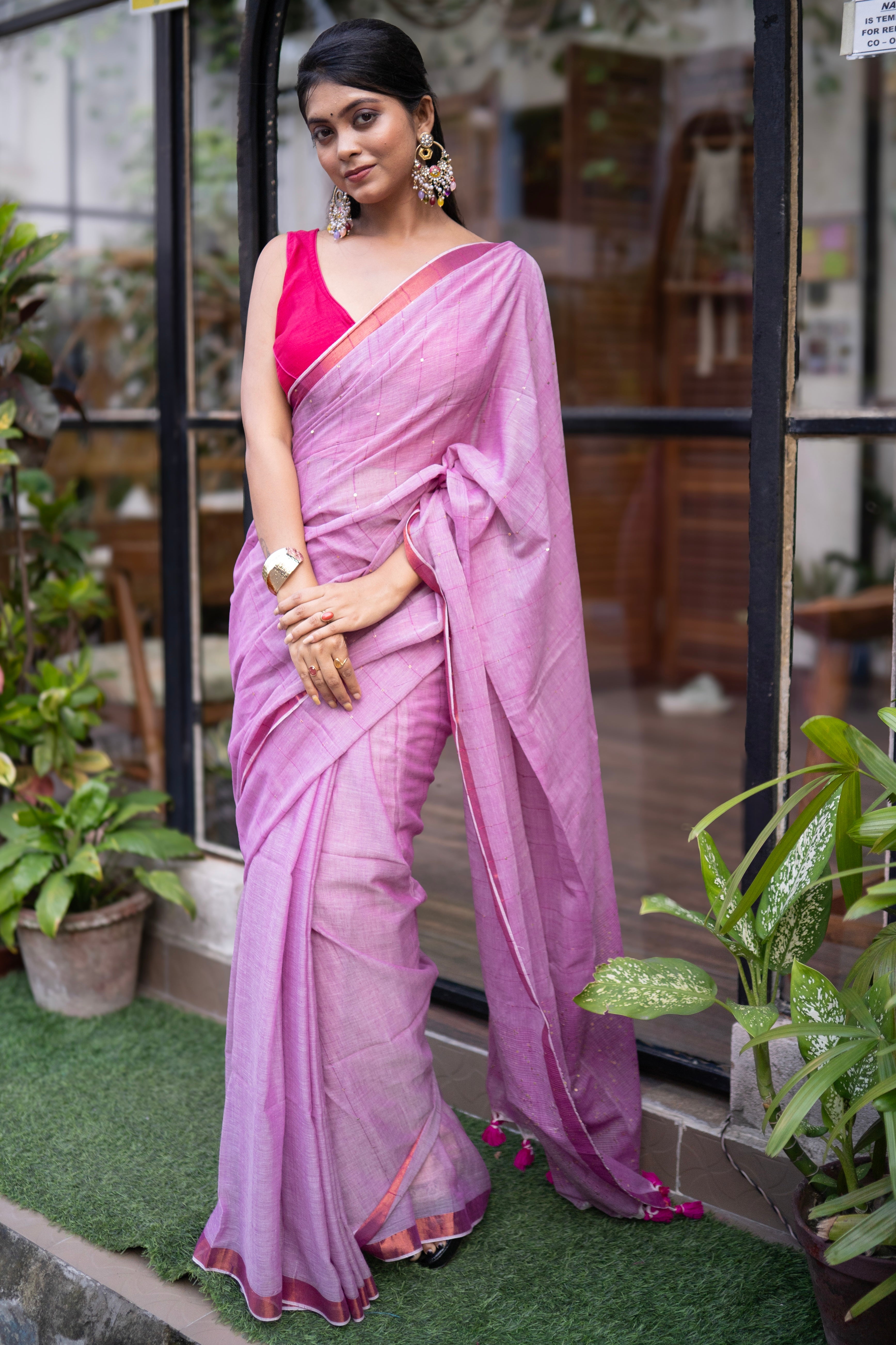 Mohini sequence work Mulmul Cotton Saree  - Taffy Pink